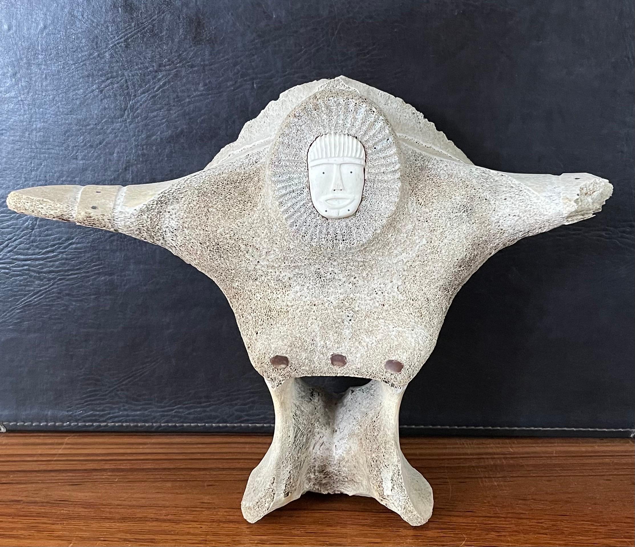 Inuit Whale Bone Vertebrae Hand Carved Two Sided Signed Sculpture 2