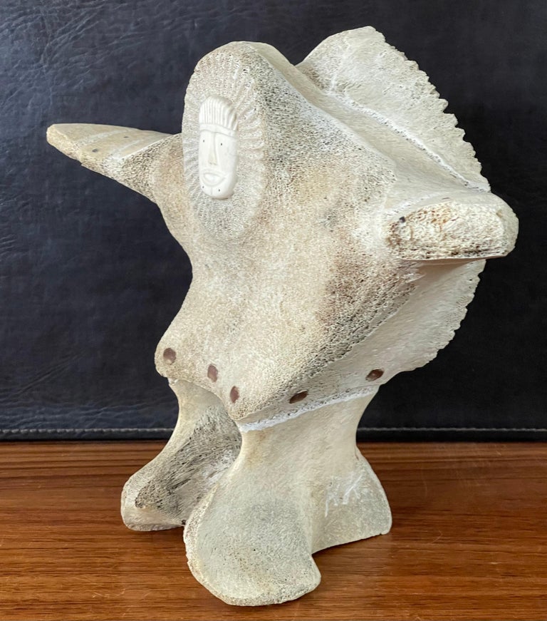 Inuit Whale Bone Vertebrae Hand Carved Two Sided Signed Sculpture