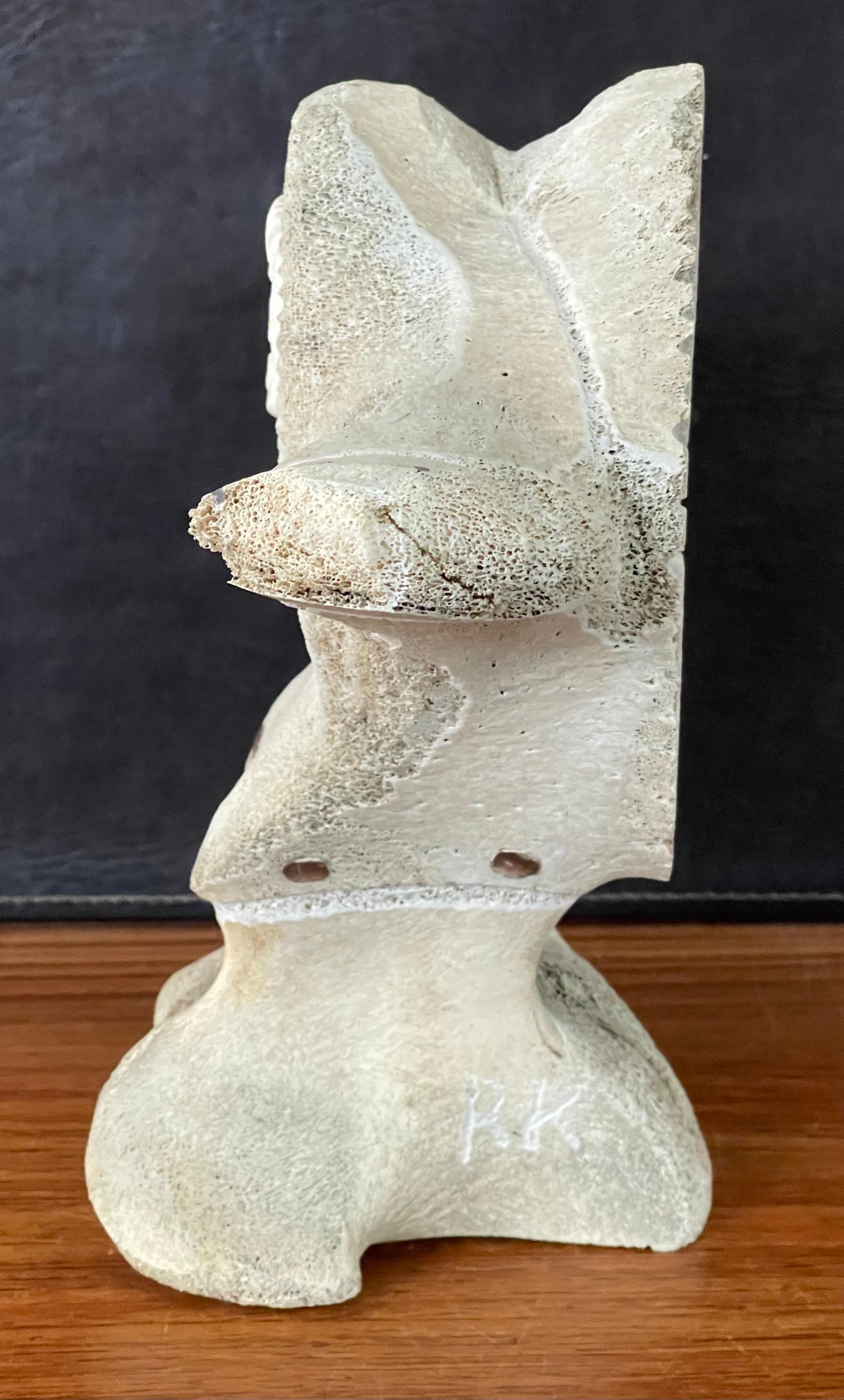 Inuit Whale Bone Vertebrae Hand Carved Two Sided Signed Sculpture 1