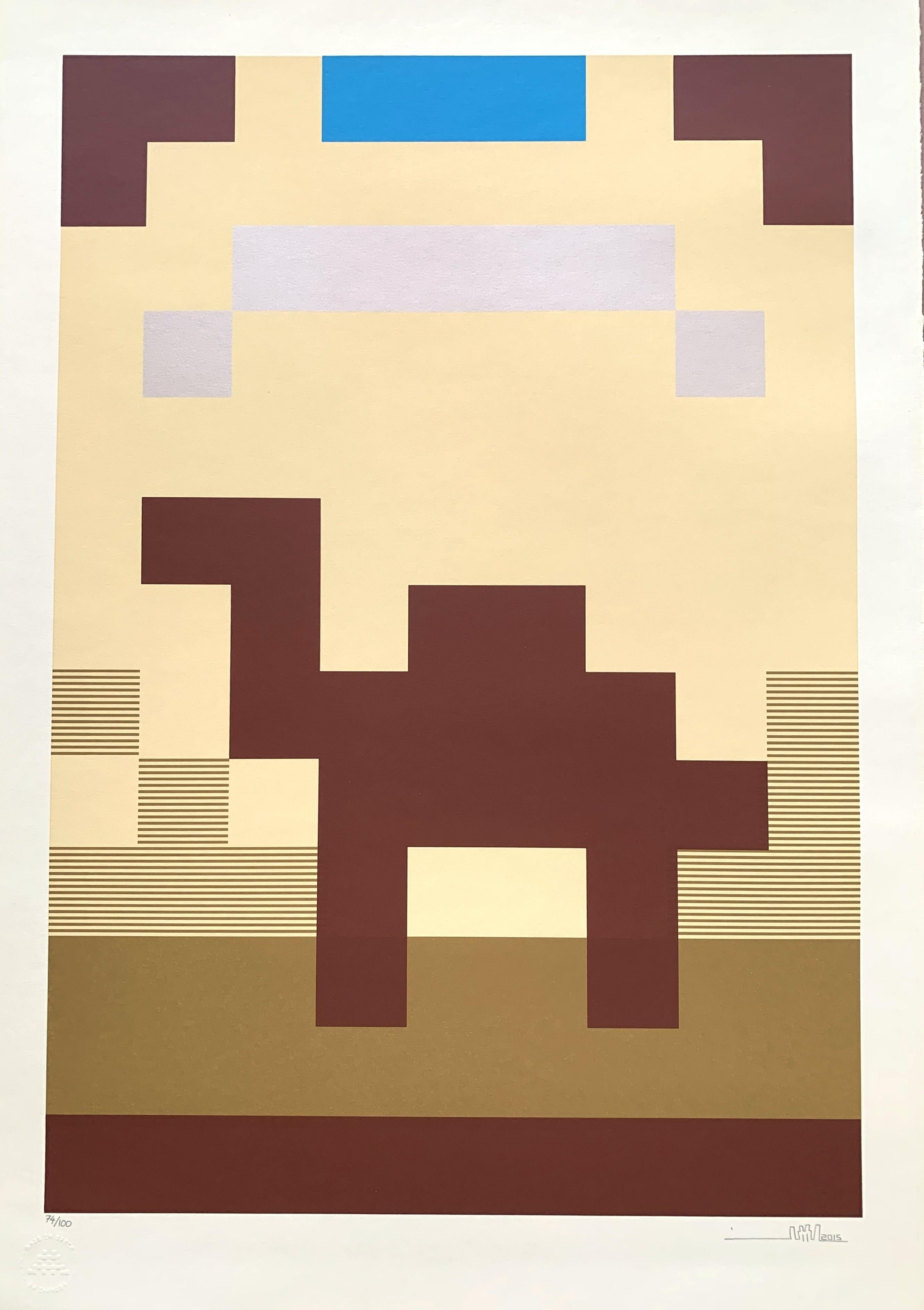 The „Camel Print" represents a peaceful picture of an animal in the desert.
Size: 		34 x 24 inch
Material:	Coventry Rag 320gsm paper
Medium:	6 colour silkscreen
Edition of:	100
Signature:	Signed and numbered (74/100), hand-signed by the