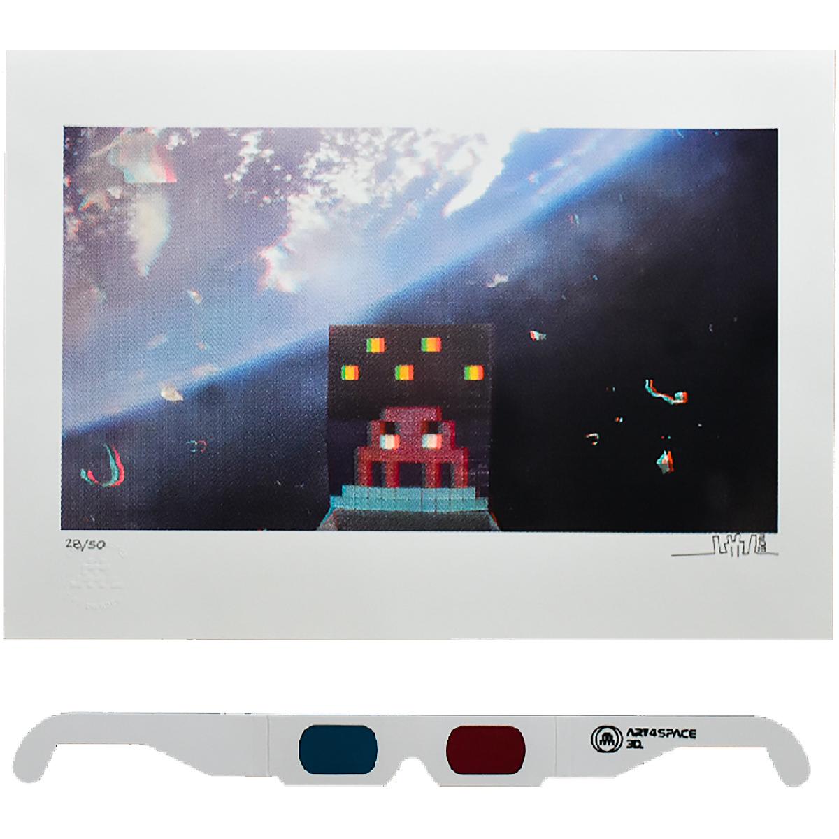 Super rare and complete with original 3D glasses as issued.
Limited edition of only 50 of 3D version made.
Very cool effect when print is viewed with the glasses.
Hand signed by Invader and has Invader emboss with Invader that reads “Made in Space