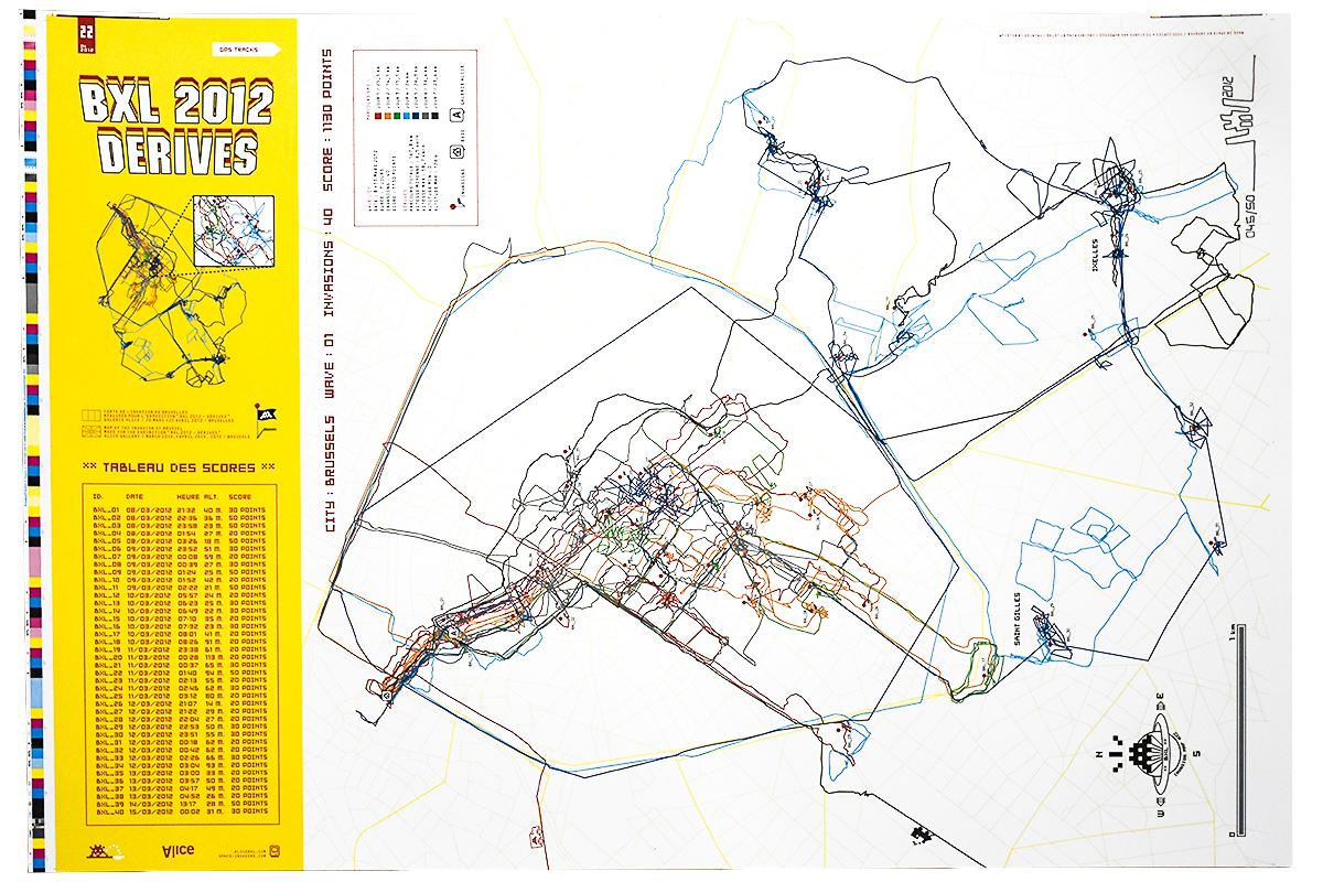 Super cool Invader Brussels Map Print.
Print version on heavy paper. Never folded version.
Shows the locations of all the Invader mosaic tiles installed by Invader in Brussels till 2012.
Hand numbered 45/50 and signed by Invader on top right of