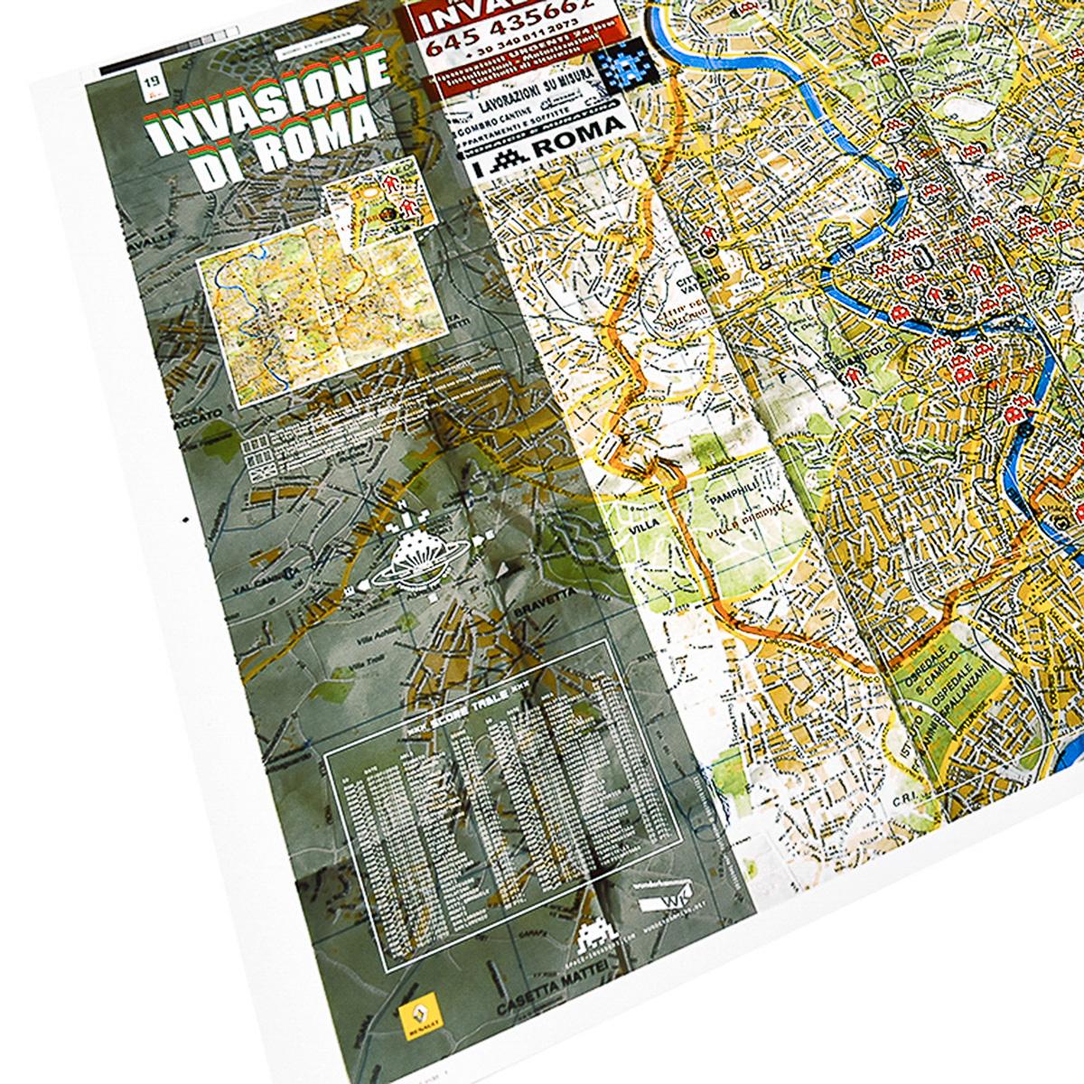 Print version of the Invader Rome Map. Never folded.
Hand signed and numbered by Invader.
Limited edition of only 50 never folded examples on premium paper. Lines on image are part of the artwork.
Shows the location of all the Invader mosaics