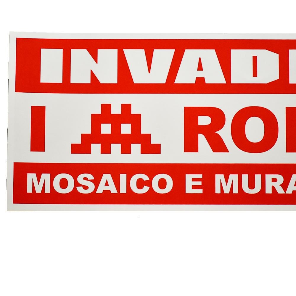 Super rare Invader print based on his time in Italy.
Limited edition of only 30.
The print parodies the stickers that can be found everywhere in Rome offering various services.
Invader here is comically offering his mosaic and masonry services.
Hand