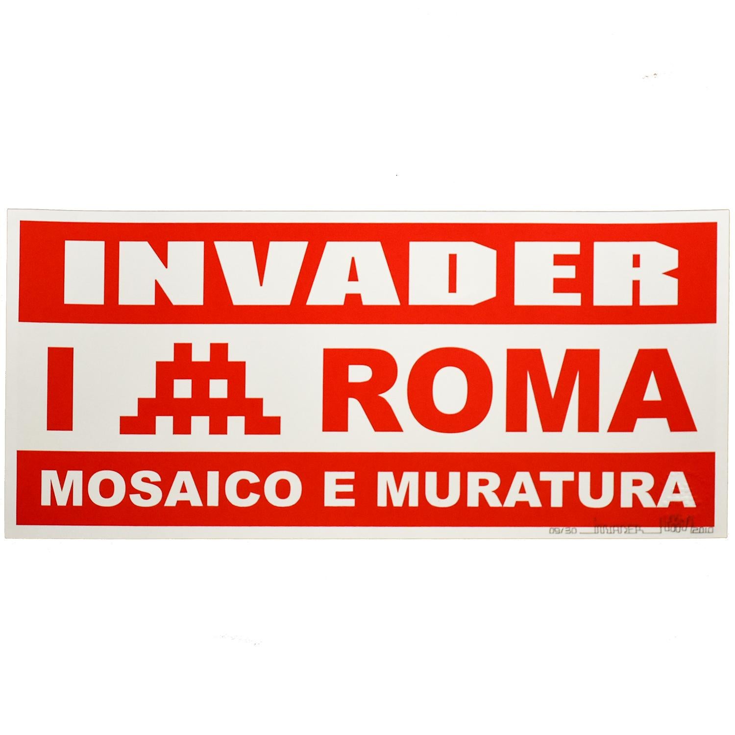 Invader print based on his time in Italy.
Limited edition 9/30.
The print parodies the stickers that can be found everywhere in Rome offering various services.
Invader here is comically offering his mosaic and masonry services.
Hand numbered and