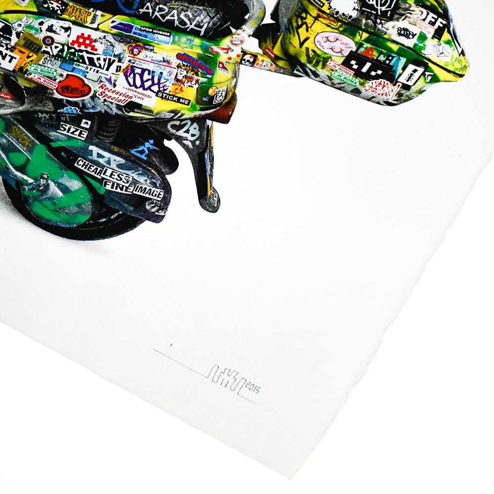 Very cool Invader Scooter Print.
Hand Signed and Numbered by Invader.
Limited Edition of only 88. Please contact us for exact edition number.
Scooter in image was used by Invader to place his mosaic graffiti all over Paris.
Invaders Scooter was