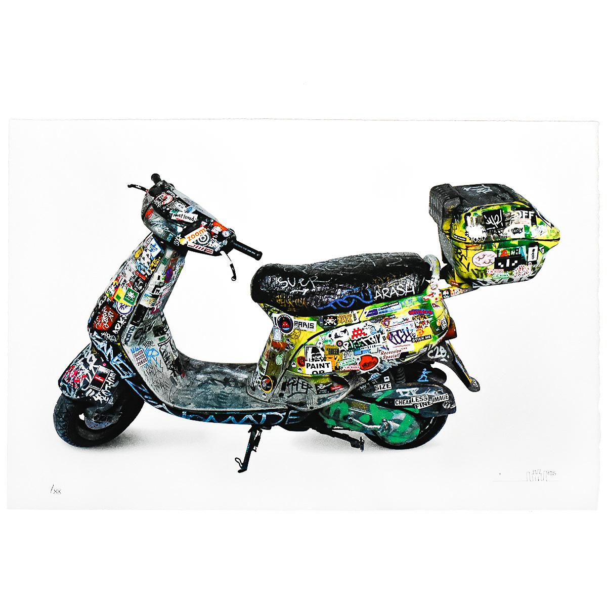 Very cool Invader Scooter Print.
Scooter in image was used by Invader to place his mosaic graffiti all over Paris.
Hand Signed by Invader with year on bottom right of print. Hand numbered on bottom left.
Limited Edition of 88. 
Also has stamp from