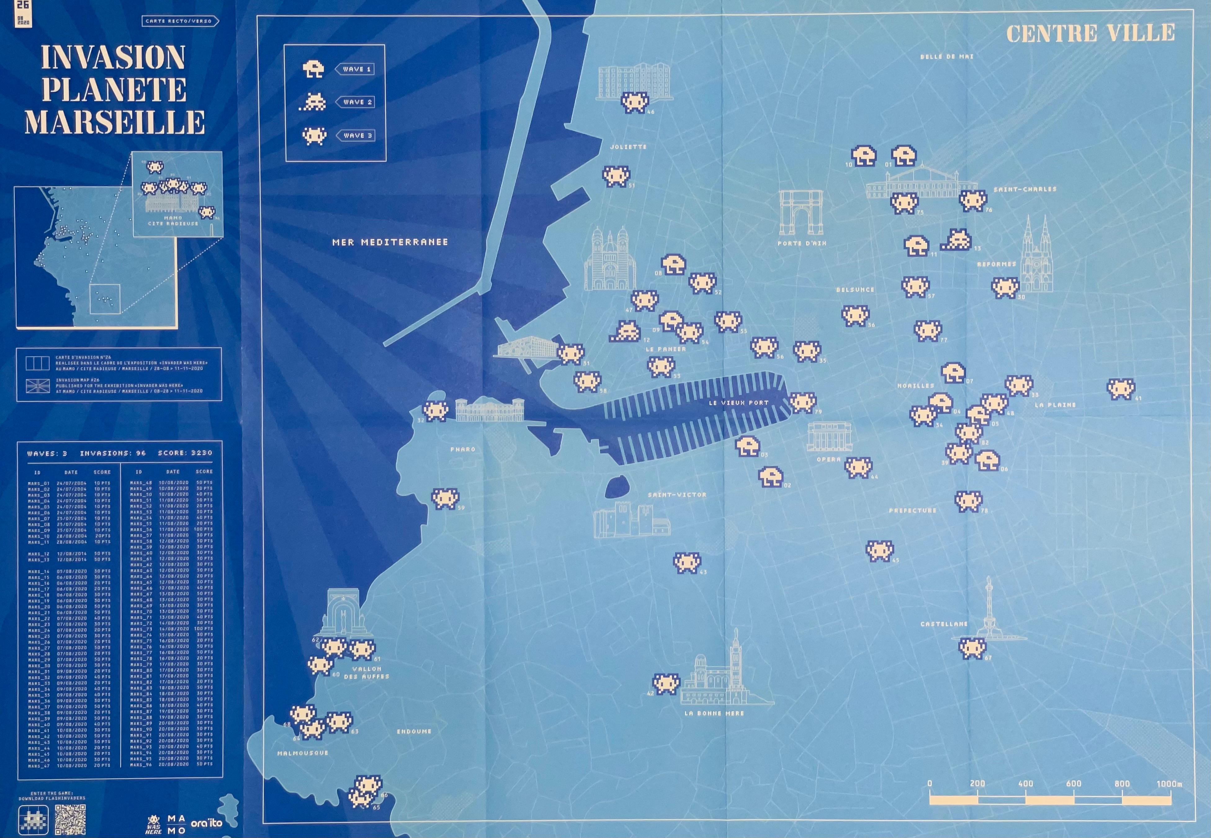 SPACE INVADER


INVASION PLANÈTE MARSEILLE


Map will ship folded and flat.

Size : 42 X 60 cm (16.5 X 23.6 inches)

Printing: 2 colors on both sides

This 26th Invasion Map displays the 96 works installed in Marseille.
It has been published for the