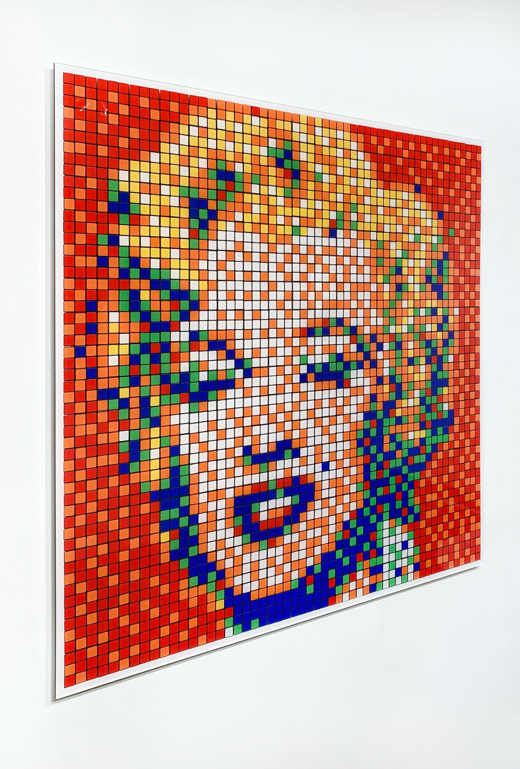 Artist:  Invader, 
Title:  Rubik Shot Red Marilyn
Series:  Rubikcubism
Date:  2023
Medium:  Diasec-mounted Giclée on aluminium composite panel
Unframed Dimensions:  39.37