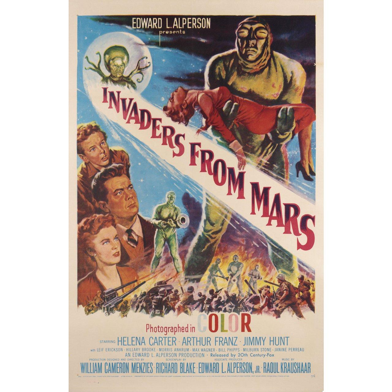 Original 1955 re-release U.S. one sheet poster for the film Invaders from Mars directed by William Cameron Menzies with Helena Carter / Arthur Franz / Jimmy Hunt / Leif Erickson. Fine condition, folded. Many original posters were issued folded or