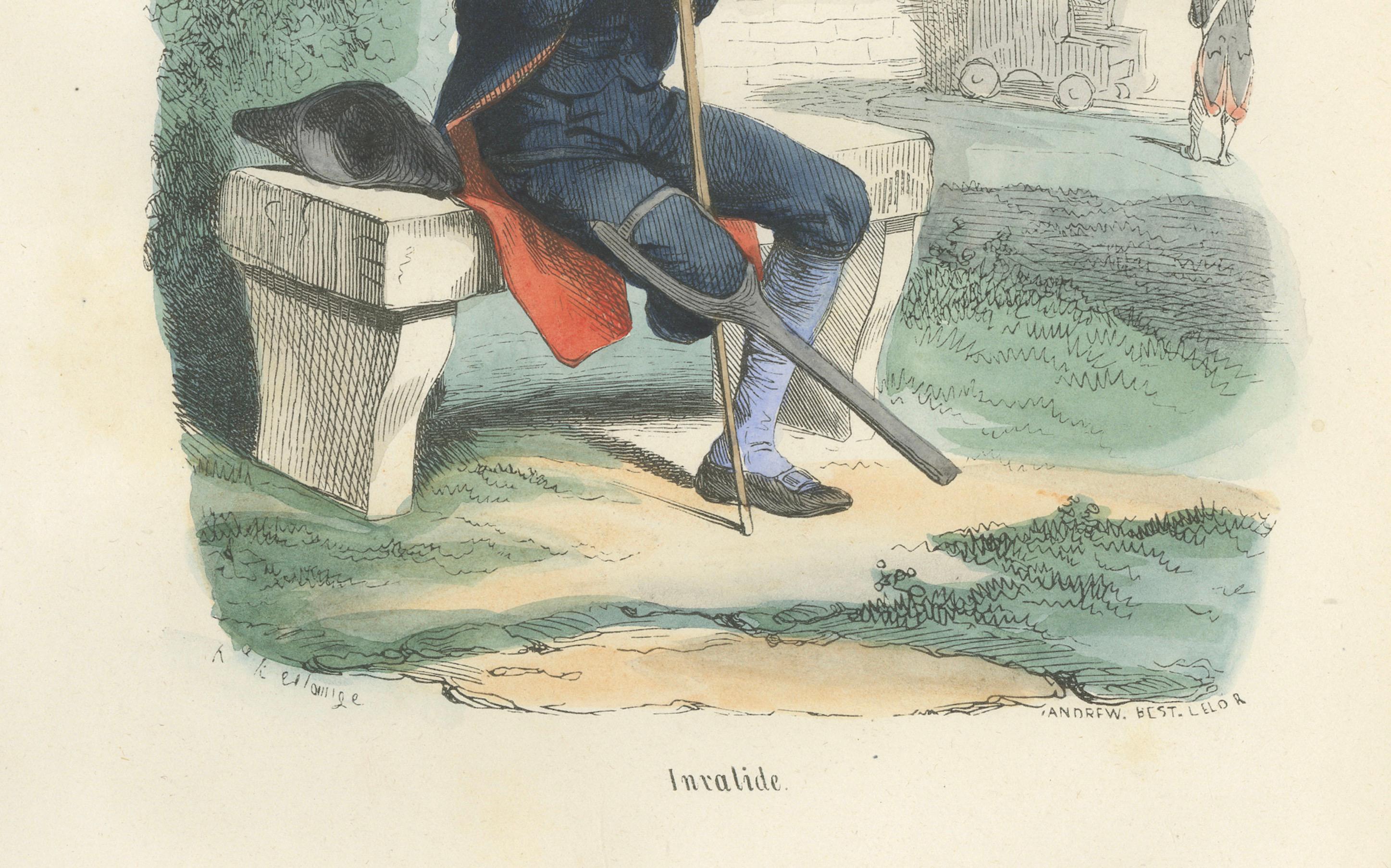 Invalides Veteran of the Imperial Guard, Hand-Colored Military Print, 1843