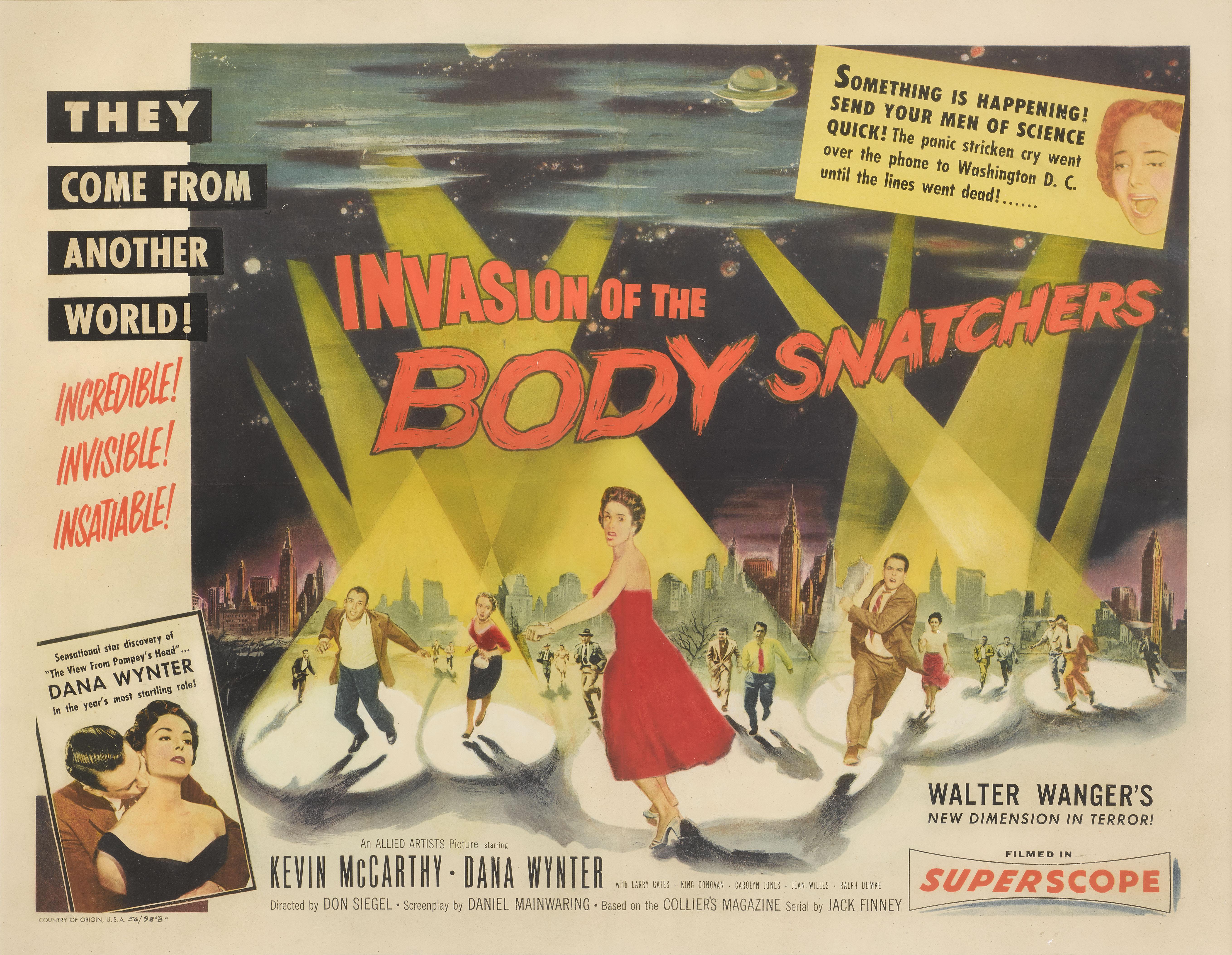 Original American film poster for the 1956 science fiction horror film Invasion of the Body Snatchers.
This is the hardest to find and very best poster on the title.
This film projected a sophistication and subtlety missing in more gung-ho gore