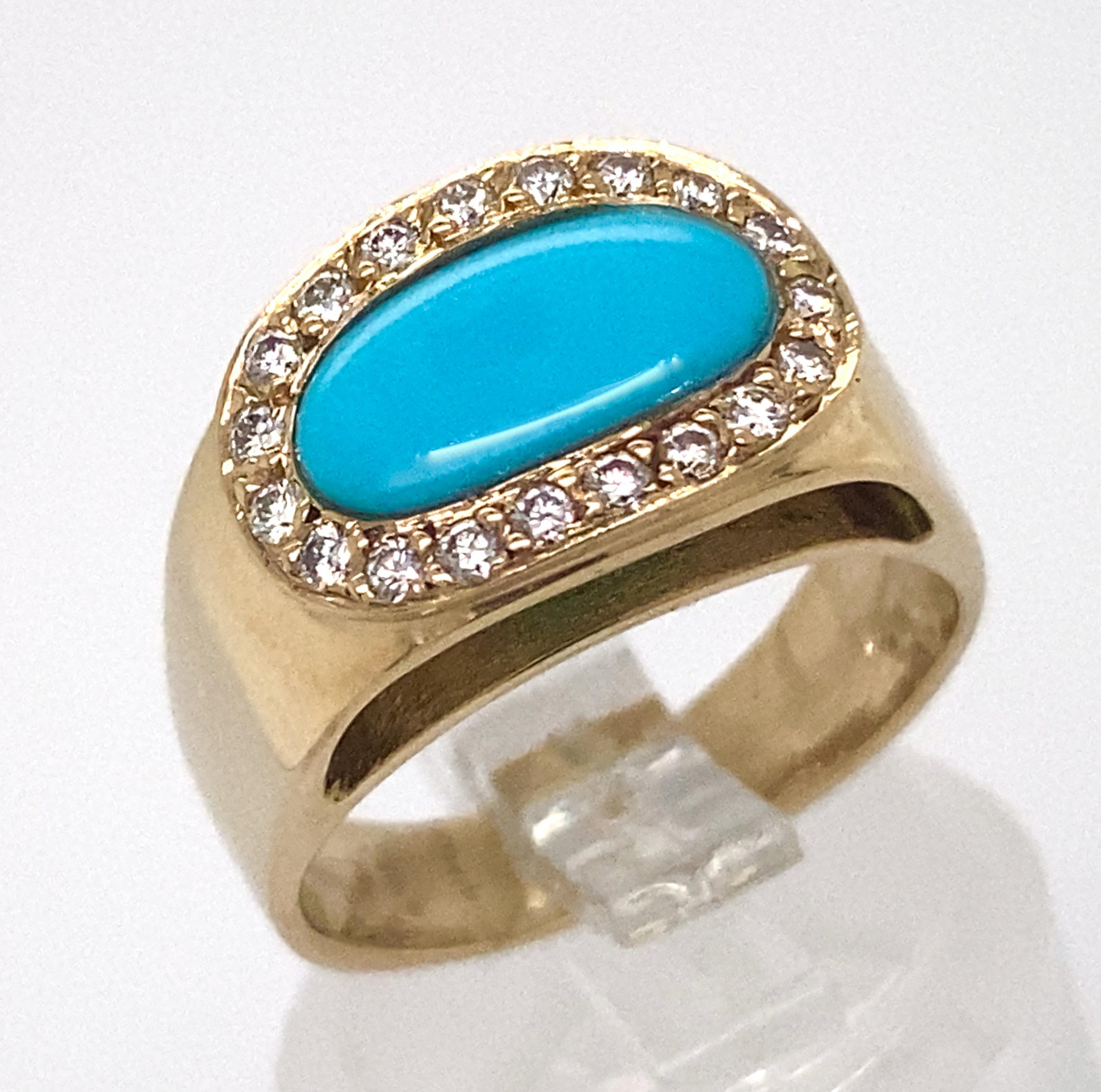 Inverted Oval Halo Band in Sleeping Beauty Turquoise, Diamonds and Yellow Gold For Sale 4