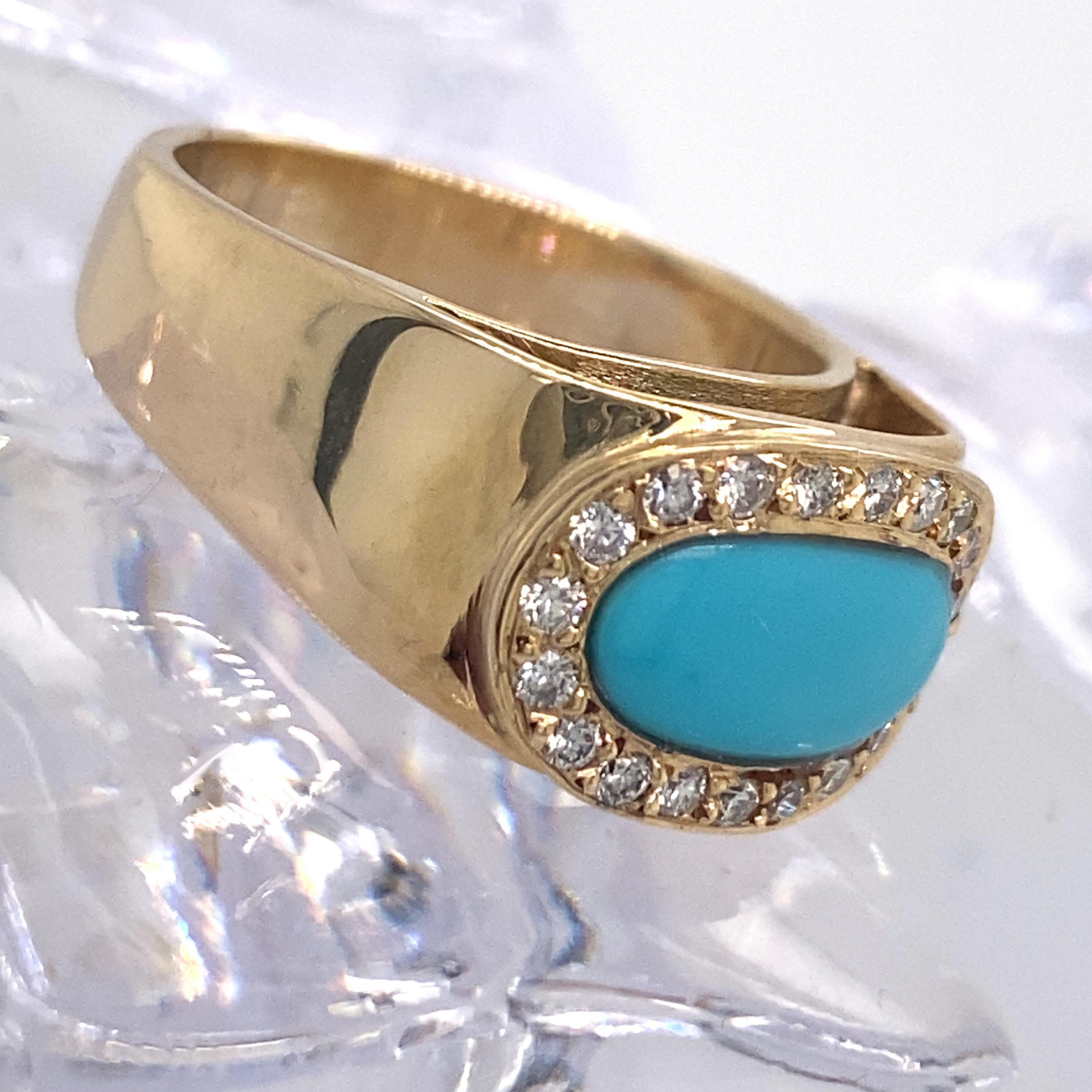 Inverted Oval Halo Band in Sleeping Beauty Turquoise, Diamonds and Yellow Gold For Sale 5