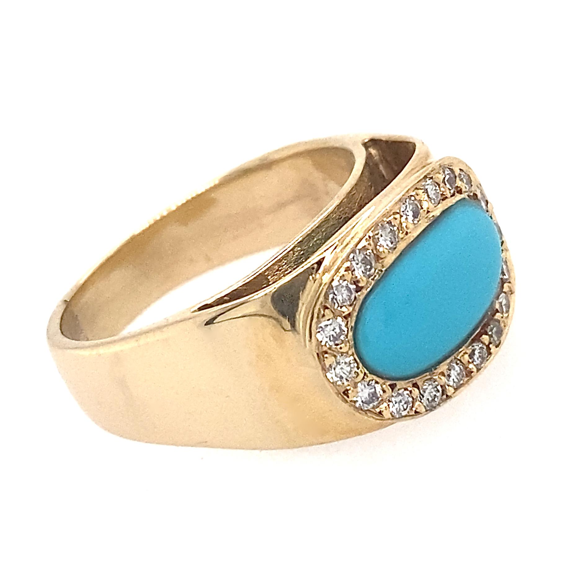 Contemporary Inverted Oval Halo Band in Sleeping Beauty Turquoise, Diamonds and Yellow Gold For Sale