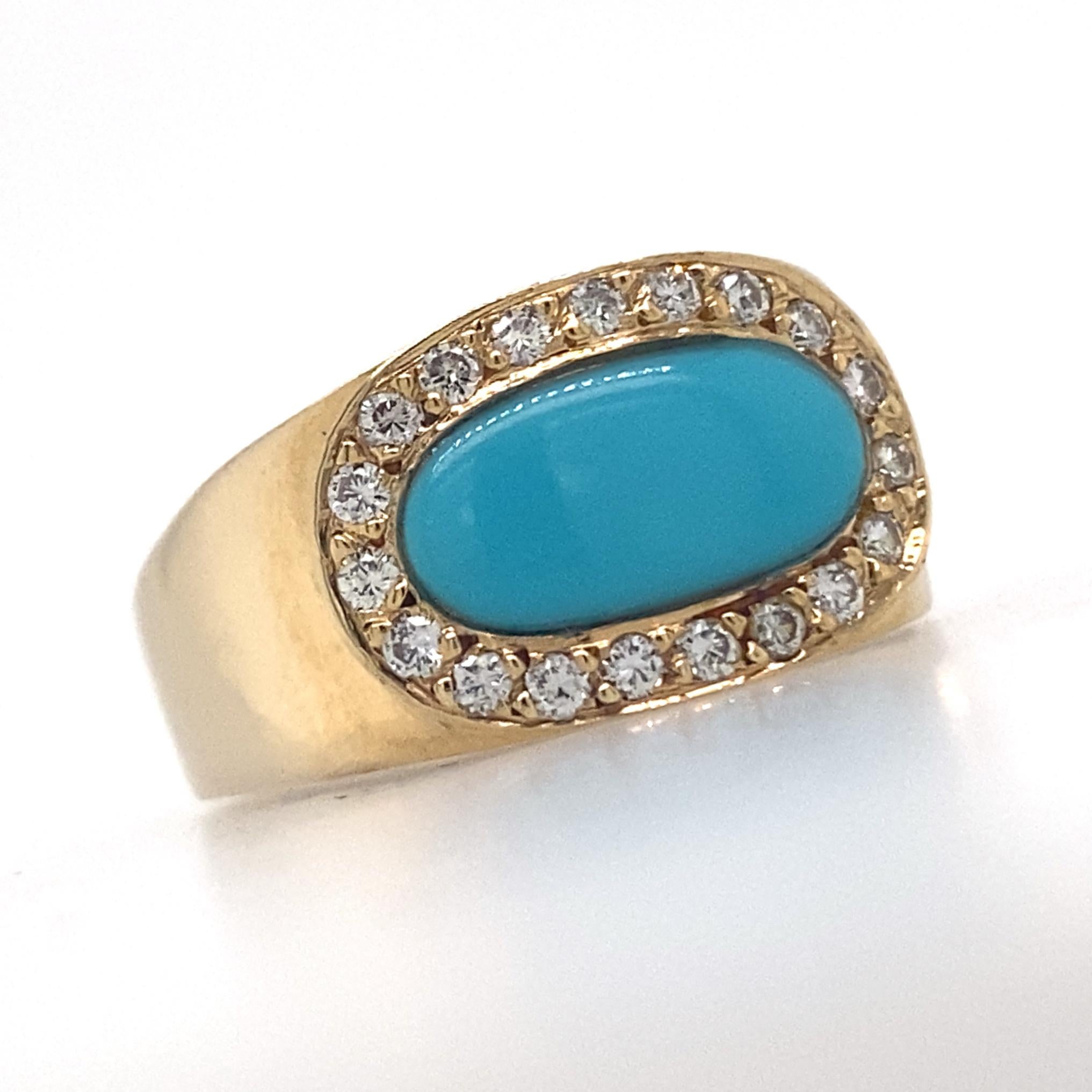 Women's or Men's Inverted Oval Halo Band in Sleeping Beauty Turquoise, Diamonds and Yellow Gold For Sale