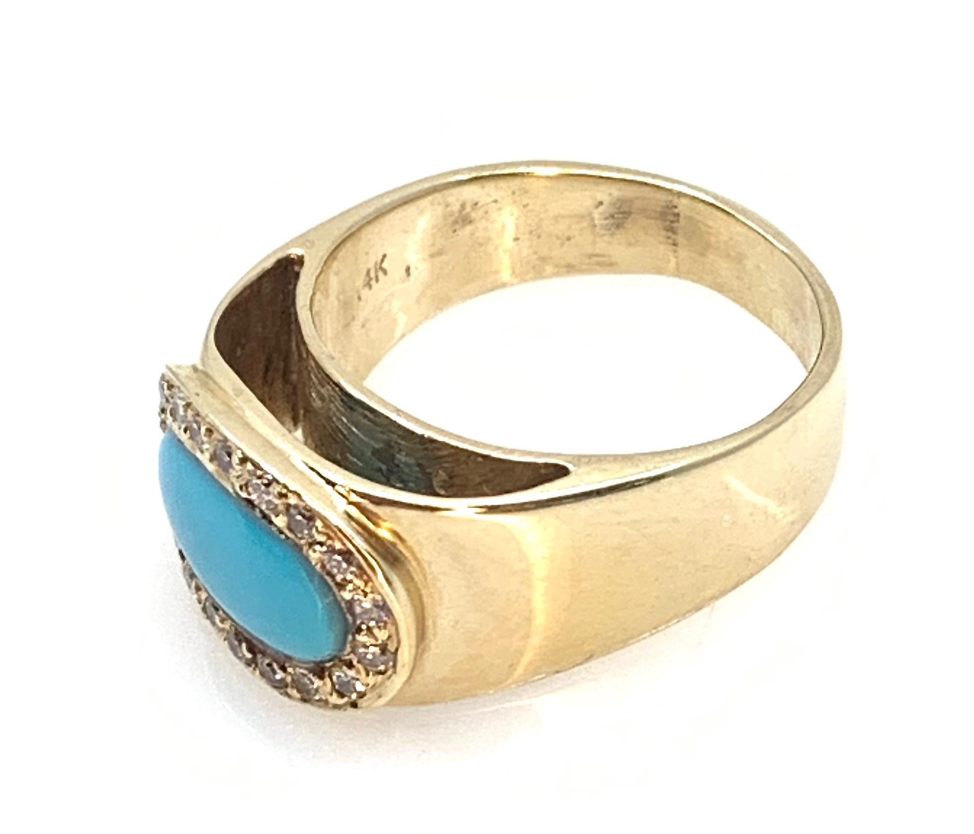 Cabochon Inverted Oval Halo Band in Sleeping Beauty Turquoise, Diamonds and Yellow Gold For Sale