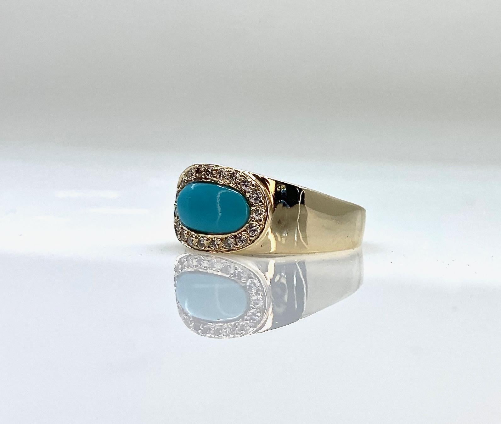 Inverted Oval Halo Band in Sleeping Beauty Turquoise, Diamonds and Yellow Gold For Sale 1