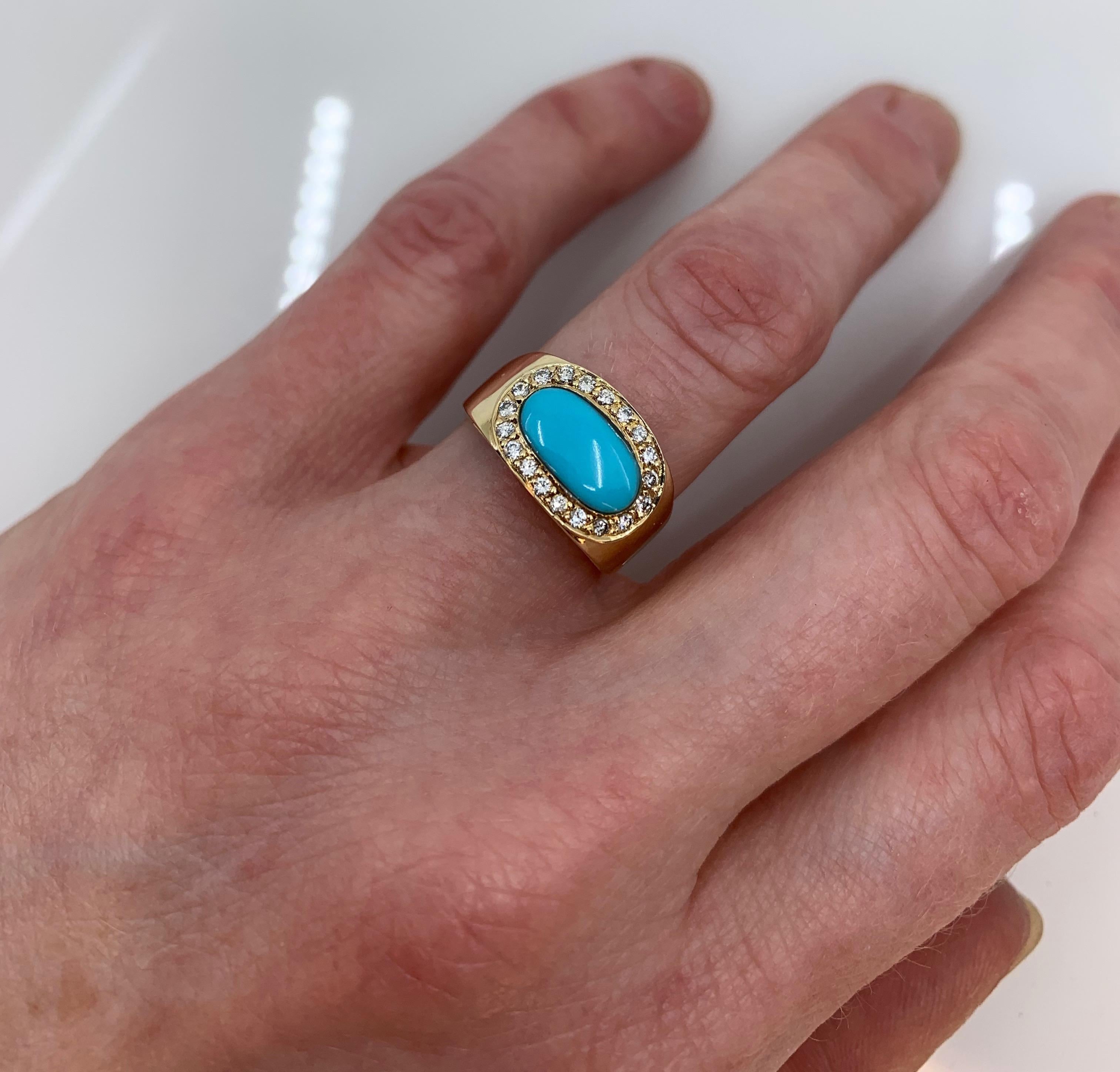 Inverted Oval Halo Band in Sleeping Beauty Turquoise, Diamonds and Yellow Gold For Sale 2
