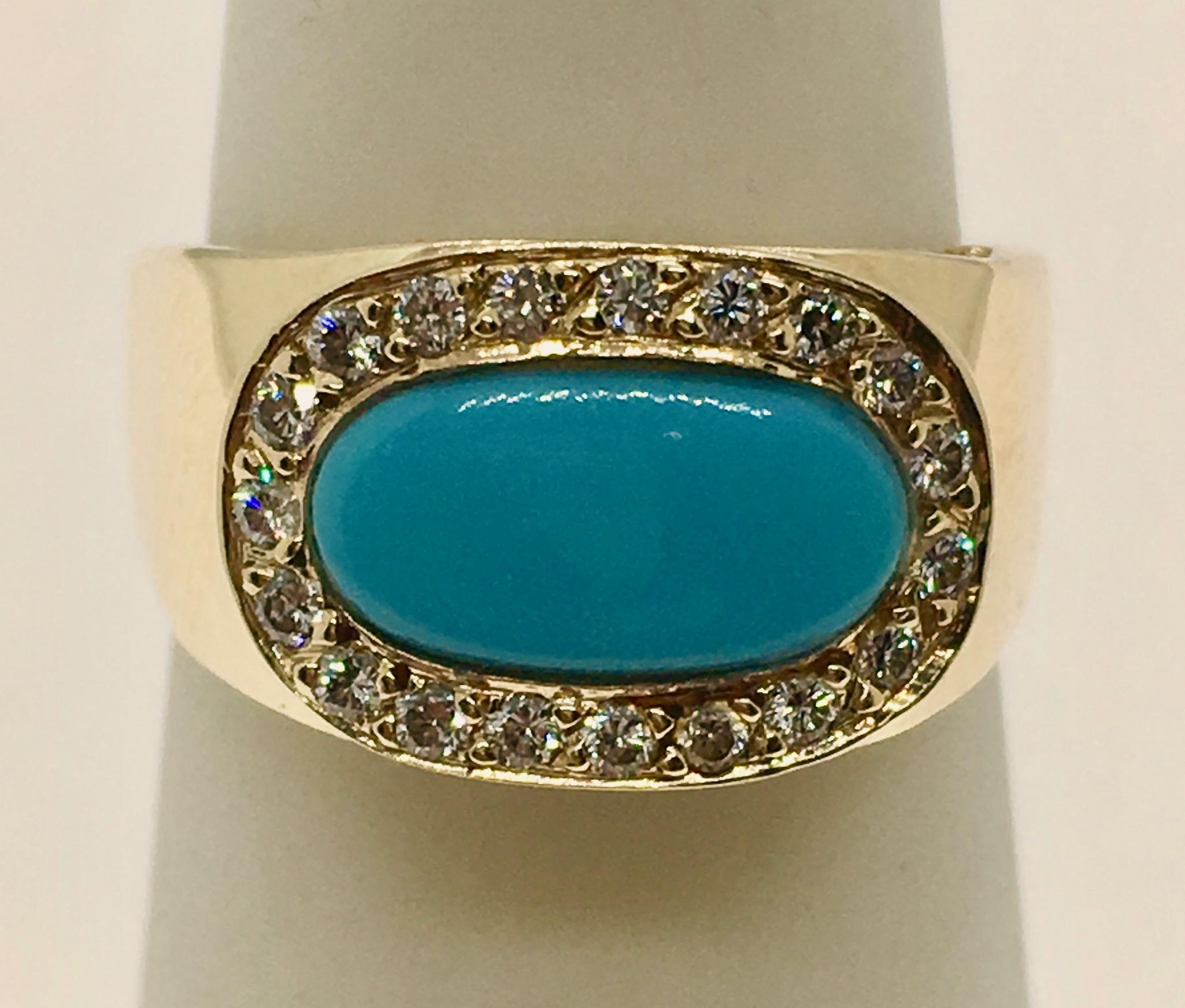 Inverted Oval Halo Band in Sleeping Beauty Turquoise, Diamonds and Yellow Gold For Sale 3