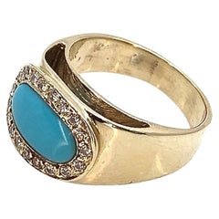 Retro Inverted Oval Halo Band in Sleeping Beauty Turquoise, Diamonds and Yellow Gold