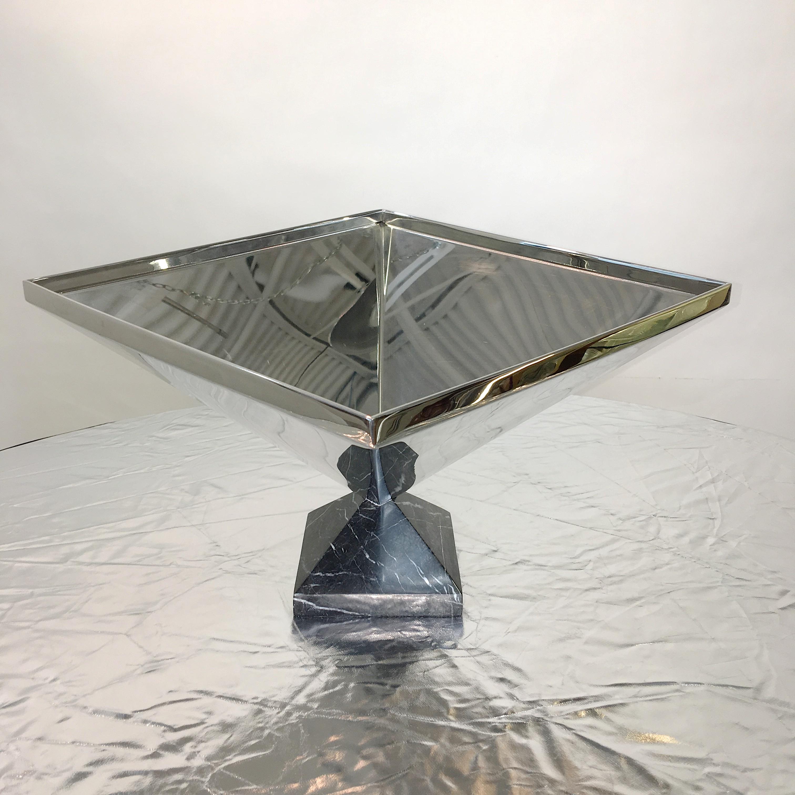 Space Age Inverted Pyramid Polished Stainless Centerpiece on Marble Pyramid Base