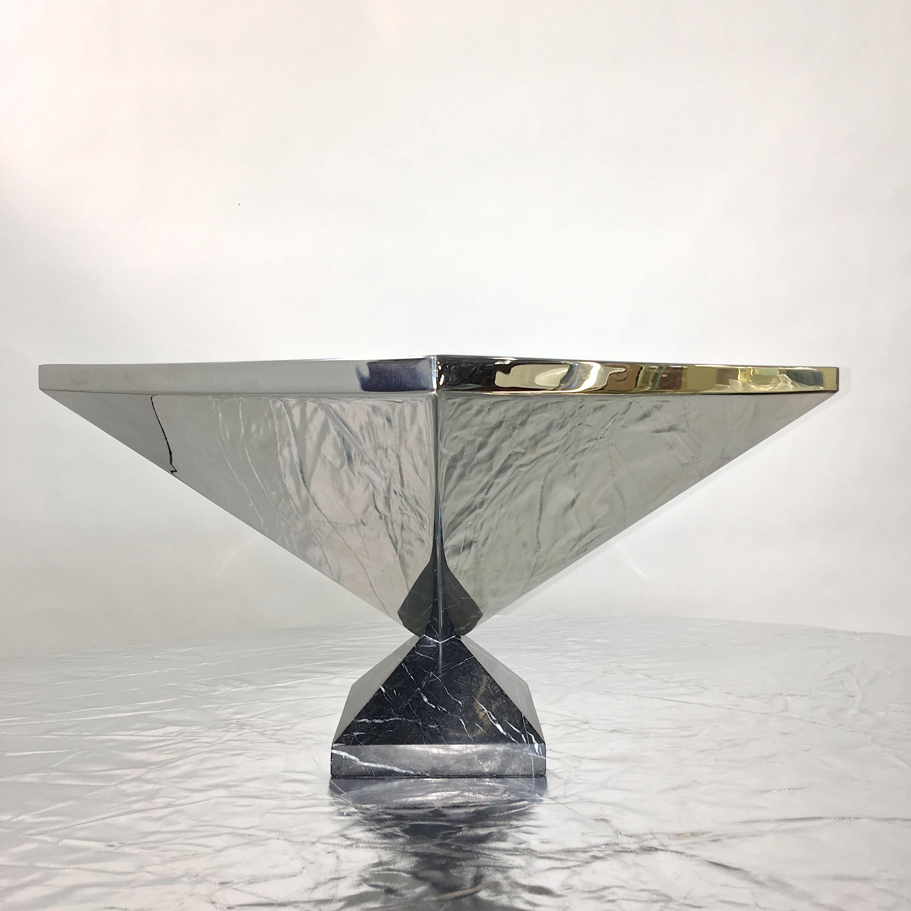 Italian Inverted Pyramid Polished Stainless Centerpiece on Marble Pyramid Base