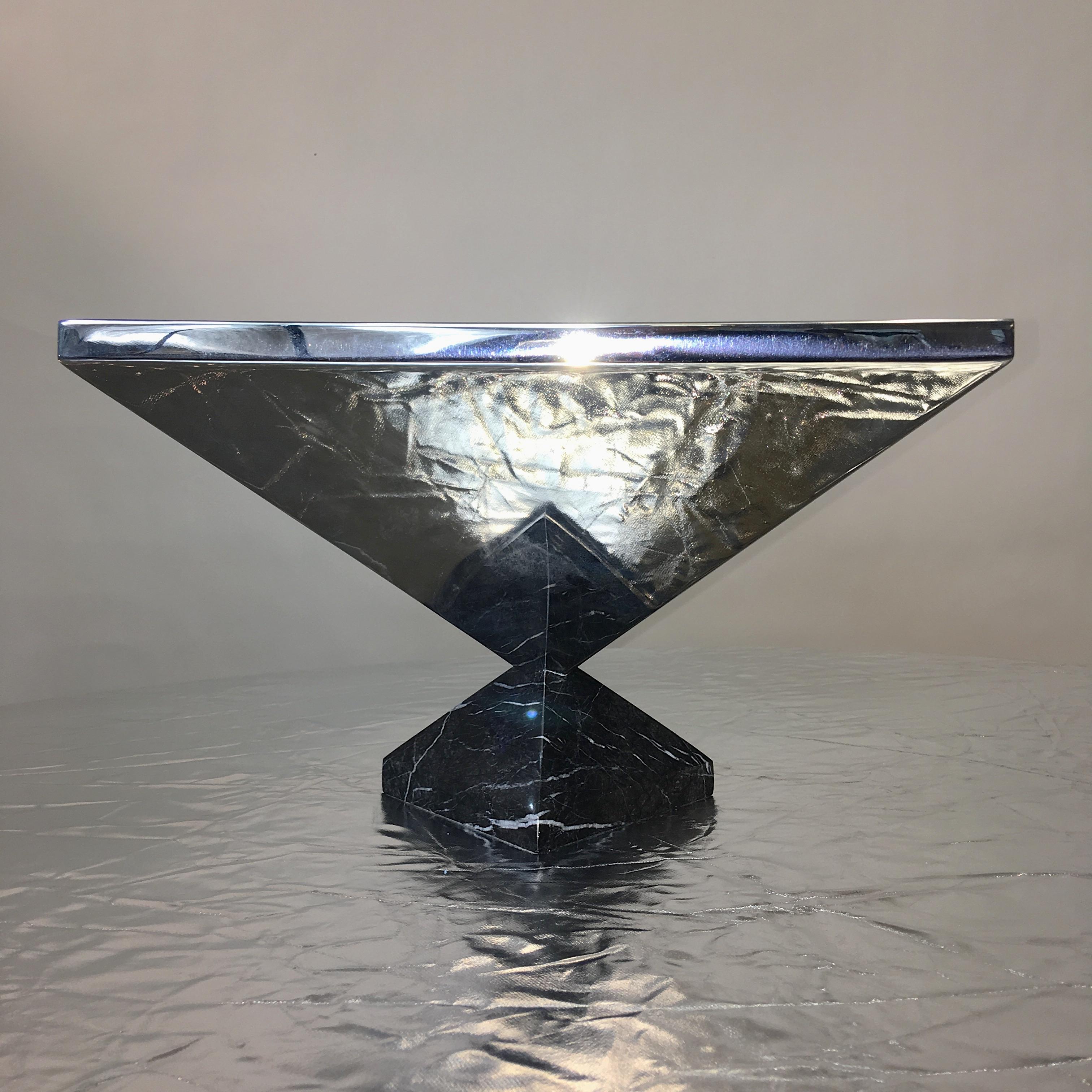 Late 20th Century Inverted Pyramid Polished Stainless Centerpiece on Marble Pyramid Base