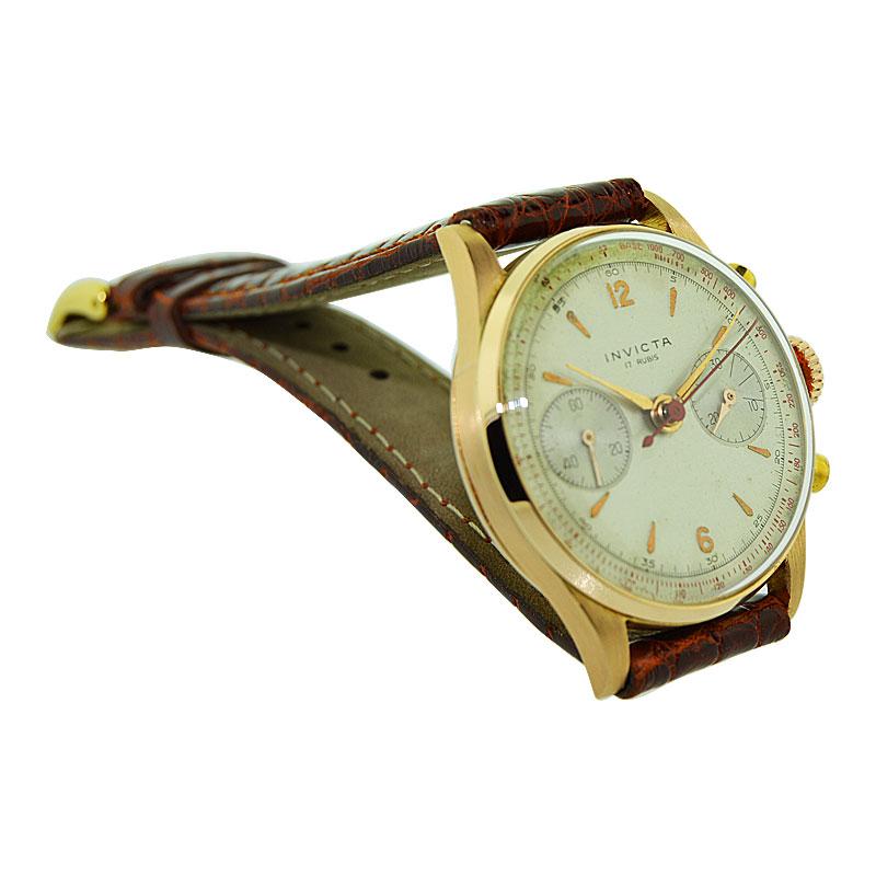 FACTORY / HOUSE: Invicta Watch Company
STYLE / REFERENCE: Two Register Chronograph / Art Deco
METAL / MATERIAL: 18kt Rose Gold
CIRCA / YEAR: 1940's
DIMENSIONS / SIZE: Length 40mm X Diameter 34mm
MOVEMENT / CALIBER: Manual Winding / 17 Jewels  
DIAL