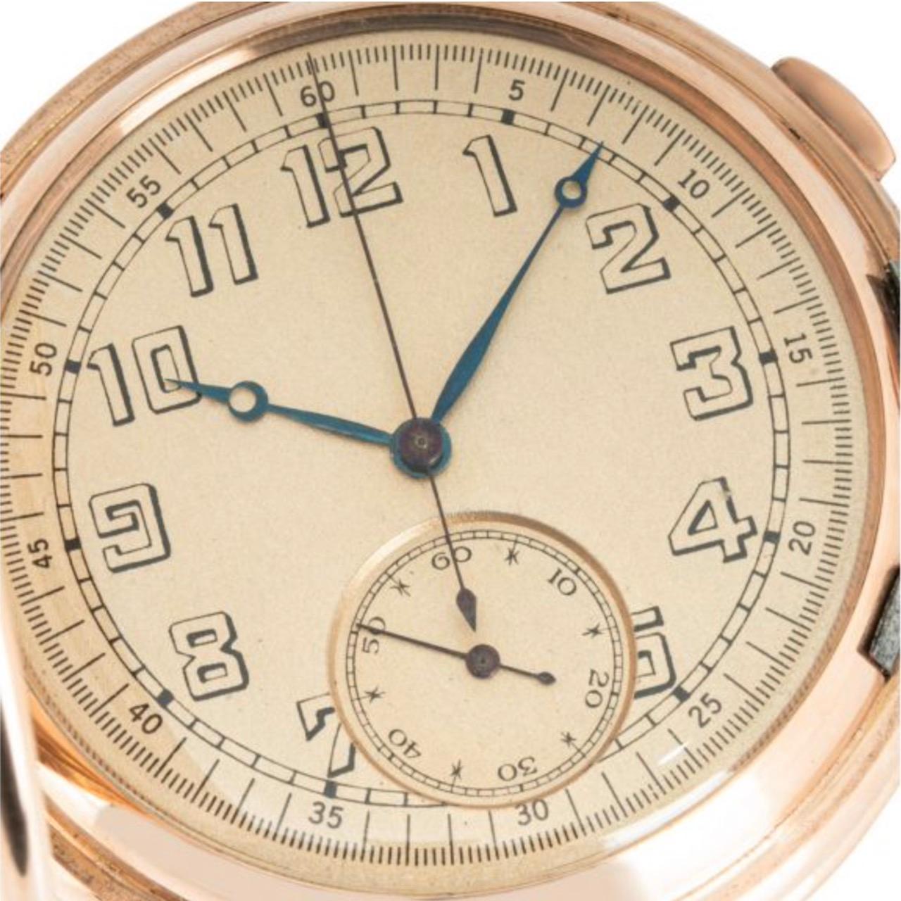 Invicta. A Swiss Full Hunter 55mm 14ct Rose Gold Minute Repeater Chronograph Keyless Lever Pocket Watch.

Dial: The Excellent Champagne dial with unusual skeleton style Arabic numerals and outer minute track. The Breguet moon style blued steel hands