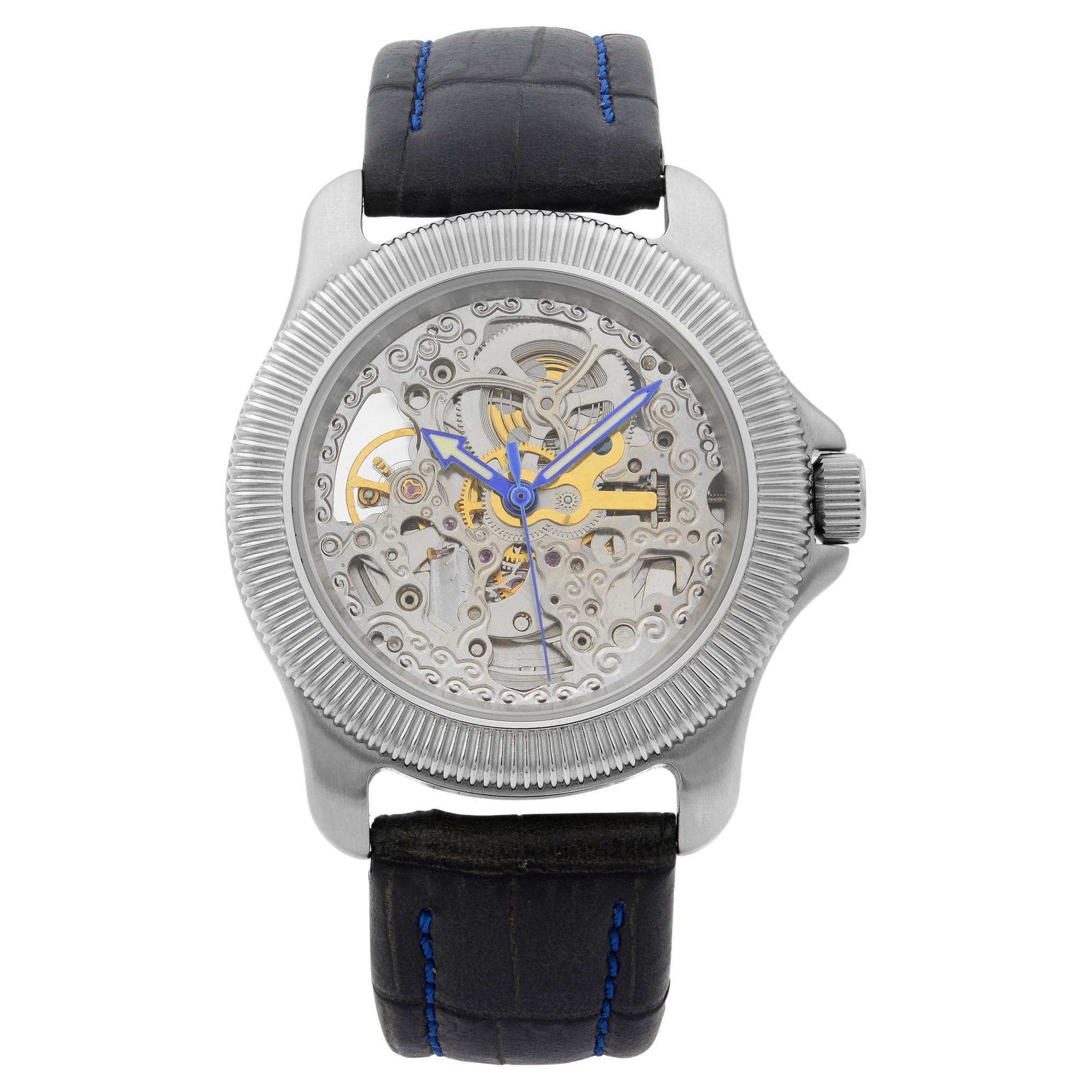 Invicta Openworked Steel Skeleton Dial Blue Leather Mens Automatic Watch