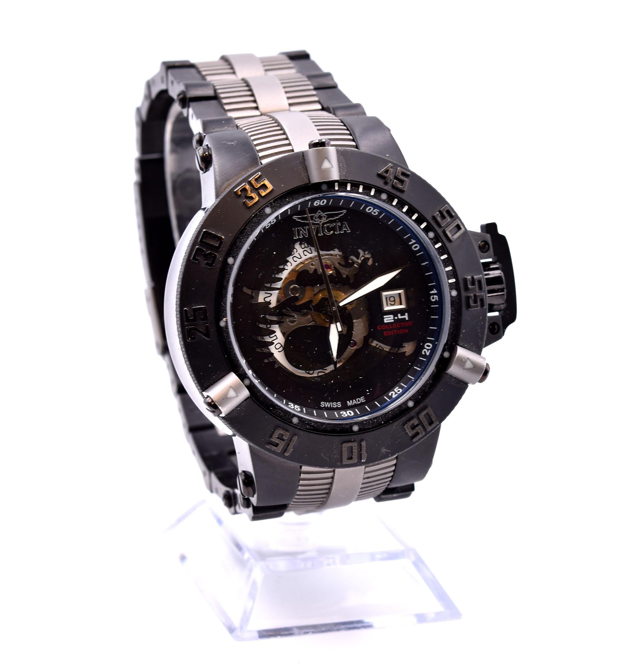 Movement: automatic
Function: hours, minutes, date
Case: 50mm black ion-plated stainless-steel case, flame fusion crystal, exhibition case back, screw down crown with protective cap, uni-directional rotating bezel, 500m water resistance
Dial: black