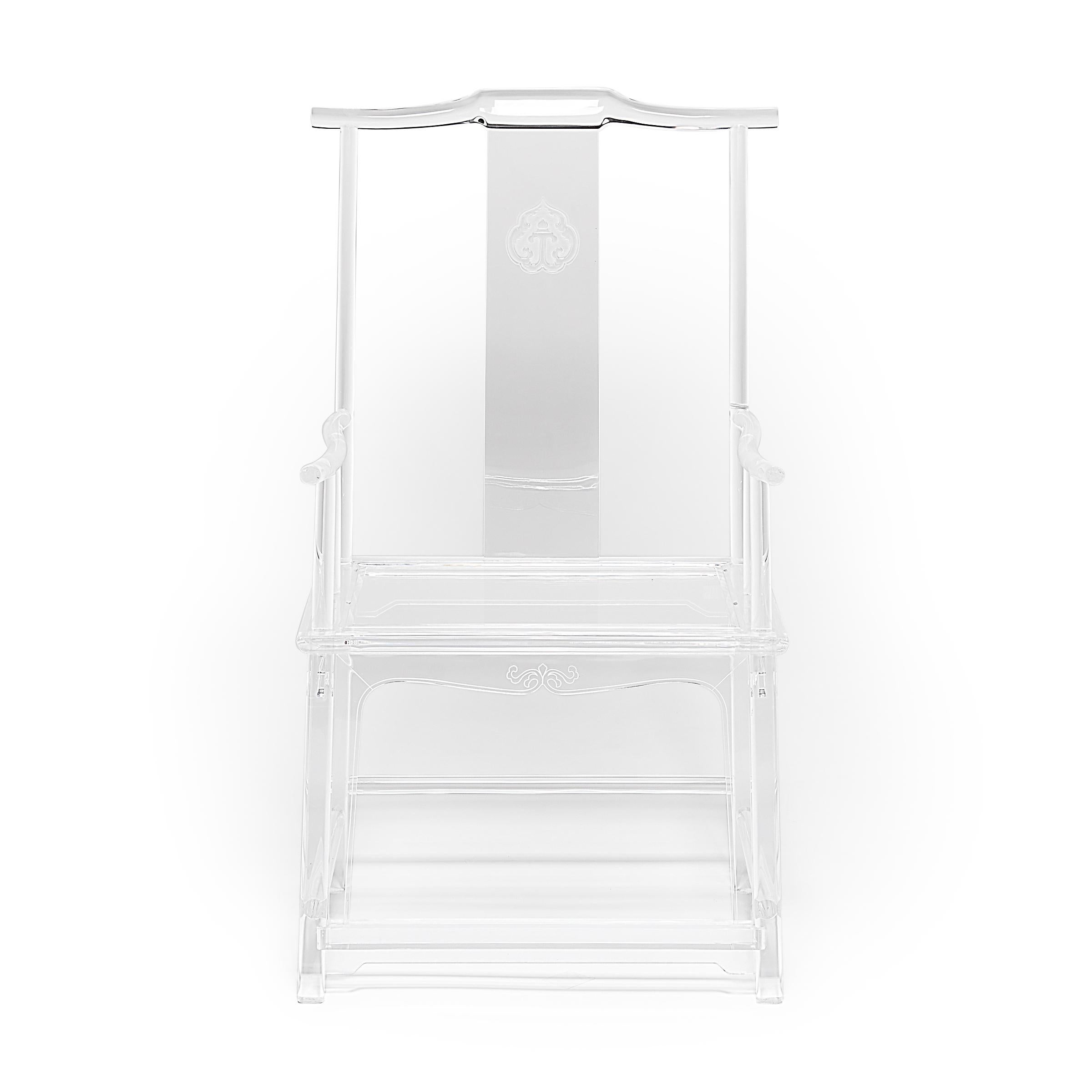 Each limited-edition signed Invisible Administrator's chair by artist July Zhou is fashioned after a traditional Ming example. Though most Lucite furniture is injection molded, July's work is created by skilled artisans who heat, join, bend, carve,