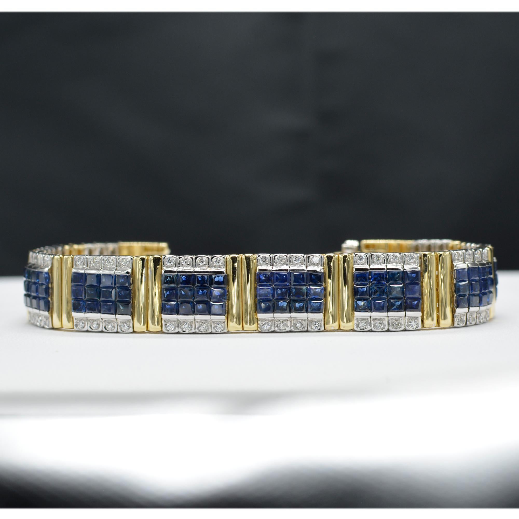 Princess Cut Invisible Blue Sapphire Bracelet 14 Karat Two-Tone Gold with Diamonds For Sale