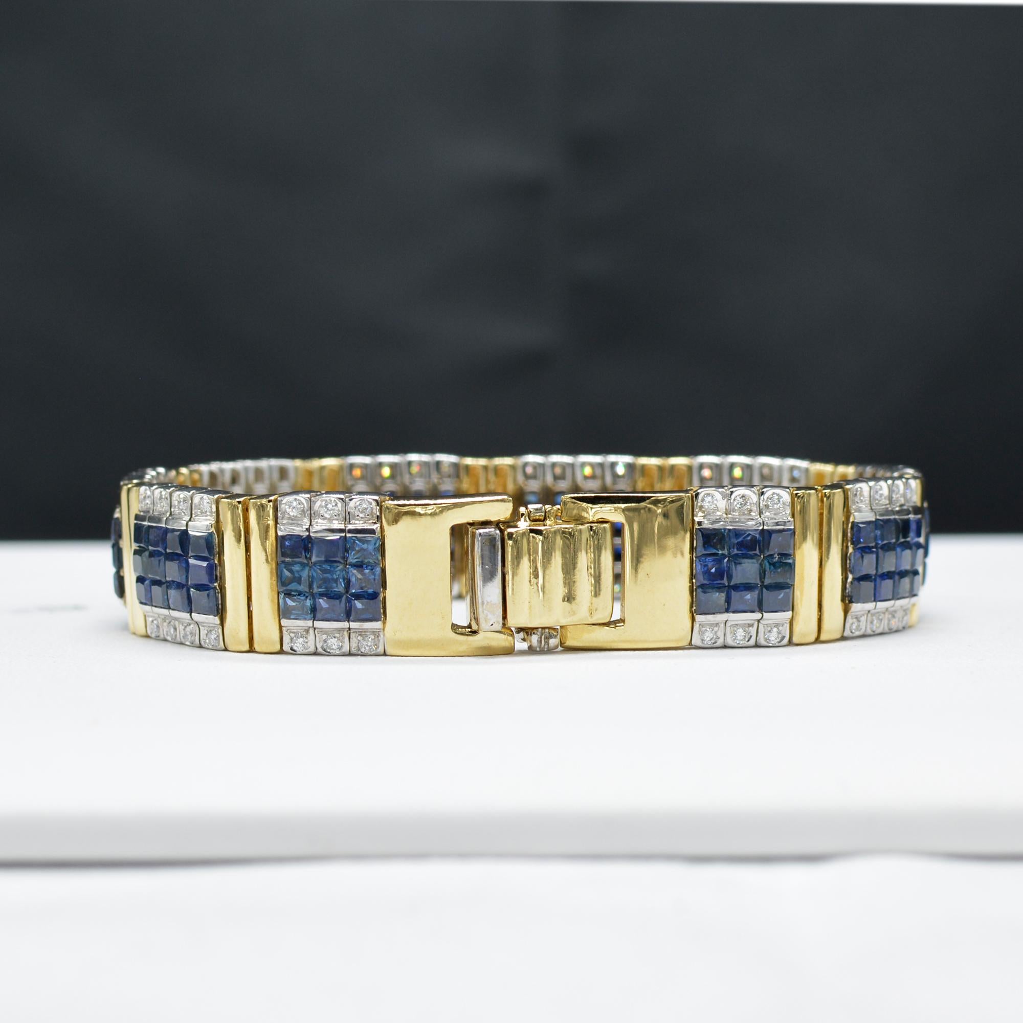 Invisible Blue Sapphire Bracelet 14 Karat Two-Tone Gold with Diamonds In New Condition For Sale In Brooklyn, NY