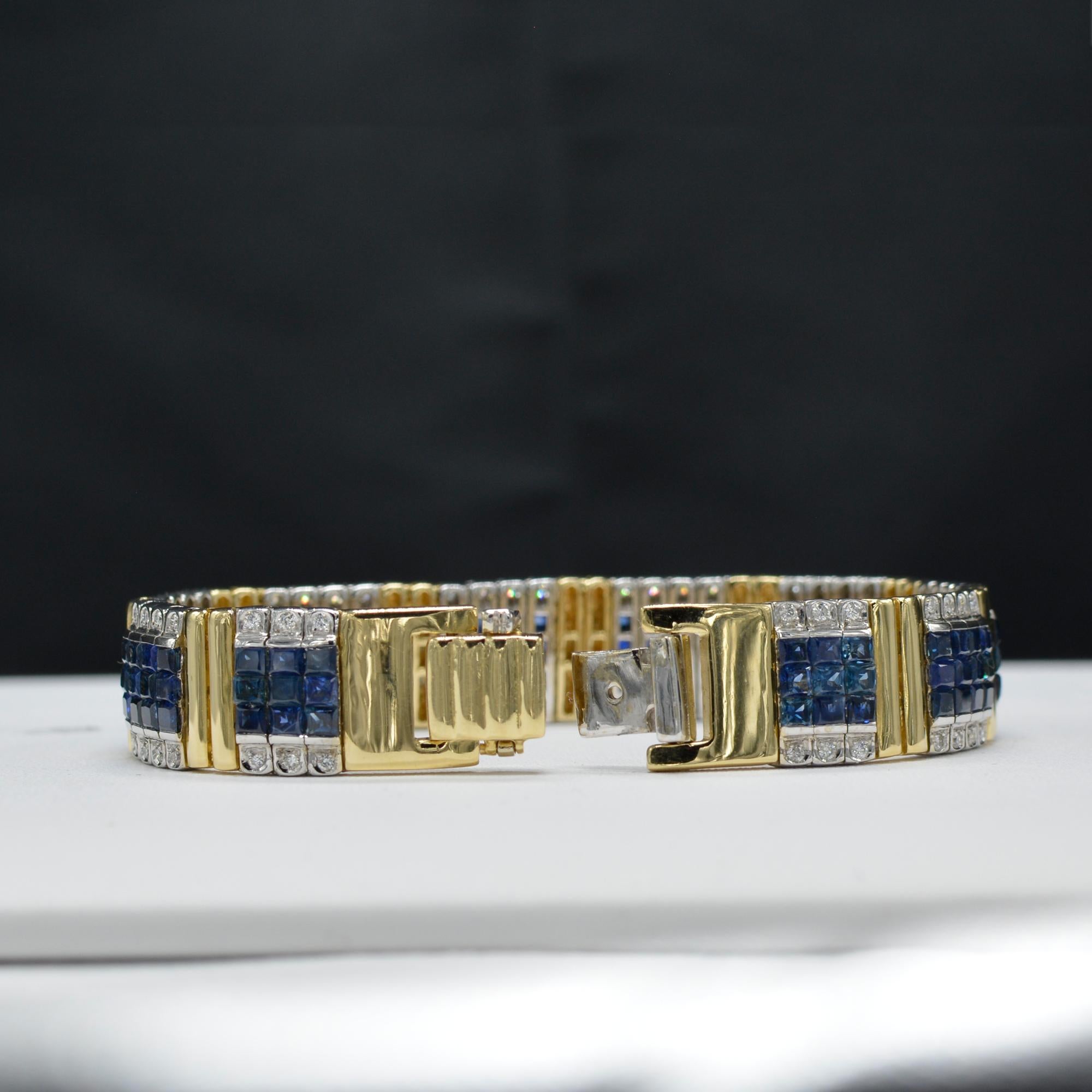 Women's Invisible Blue Sapphire Bracelet 14 Karat Two-Tone Gold with Diamonds For Sale
