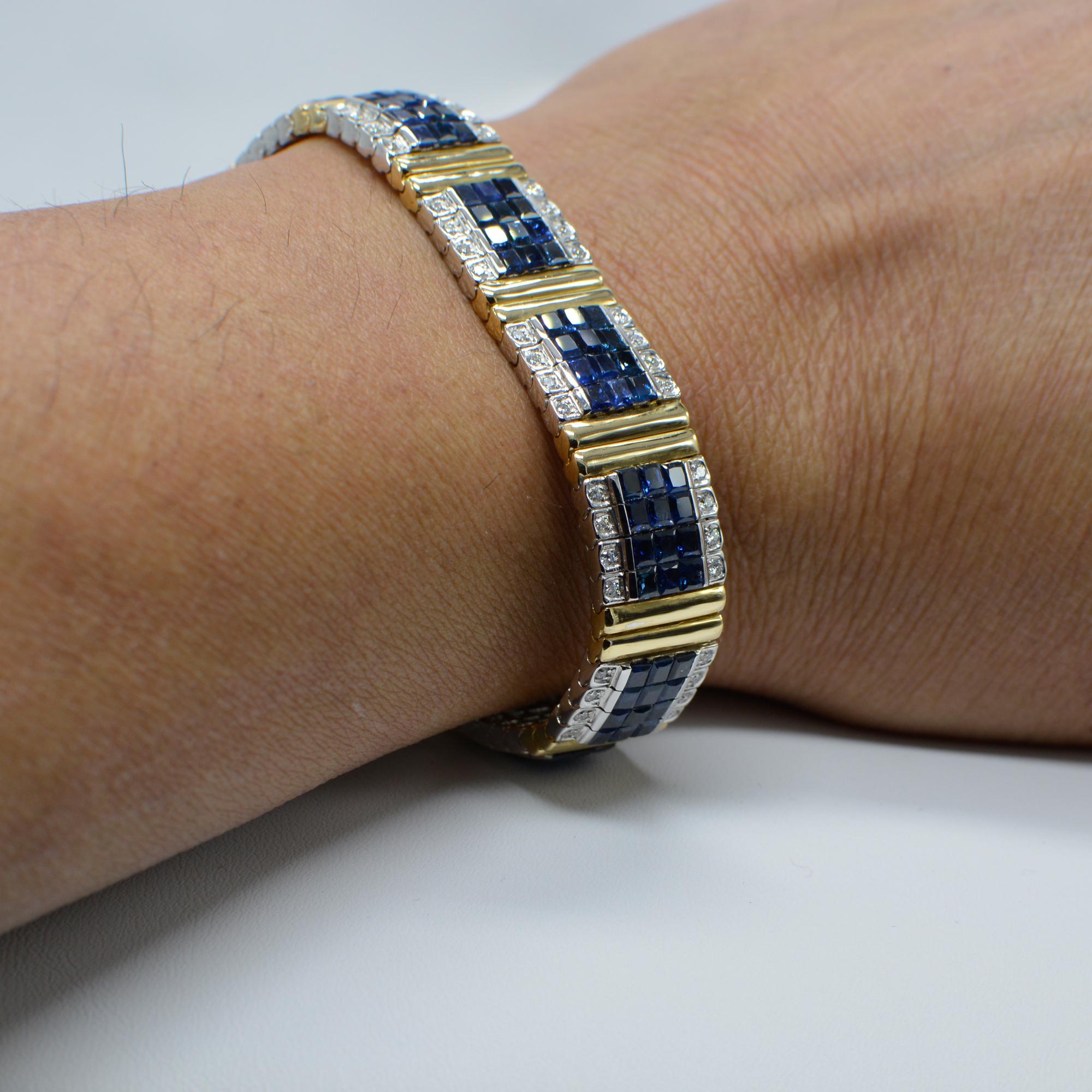 Princess Cut Invisible Blue Sapphire Bracelet 14 Karat Two-Tone Gold with Diamonds For Sale