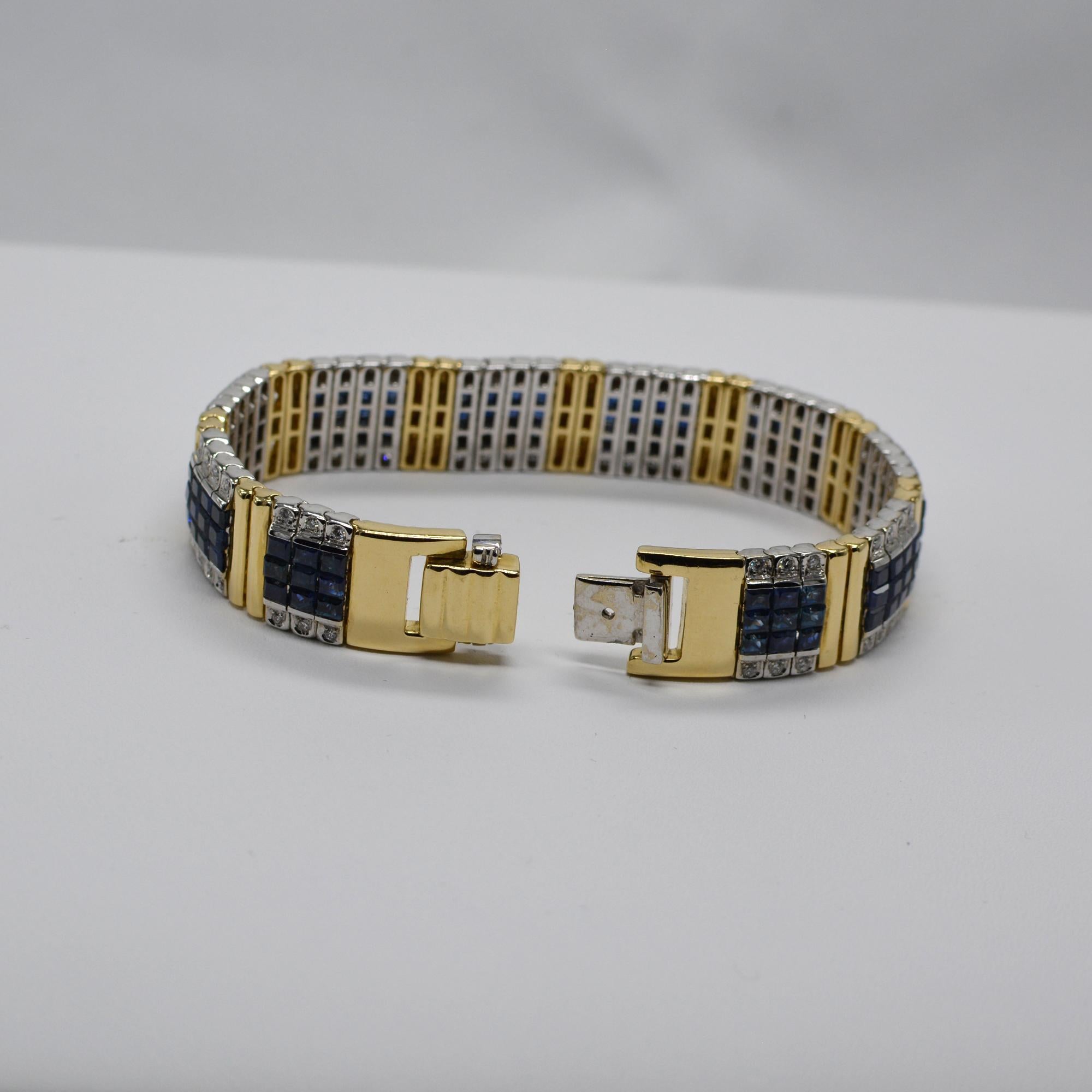 Invisible Blue Sapphire Bracelet 14 Karat Two-Tone Gold with Diamonds For Sale 2