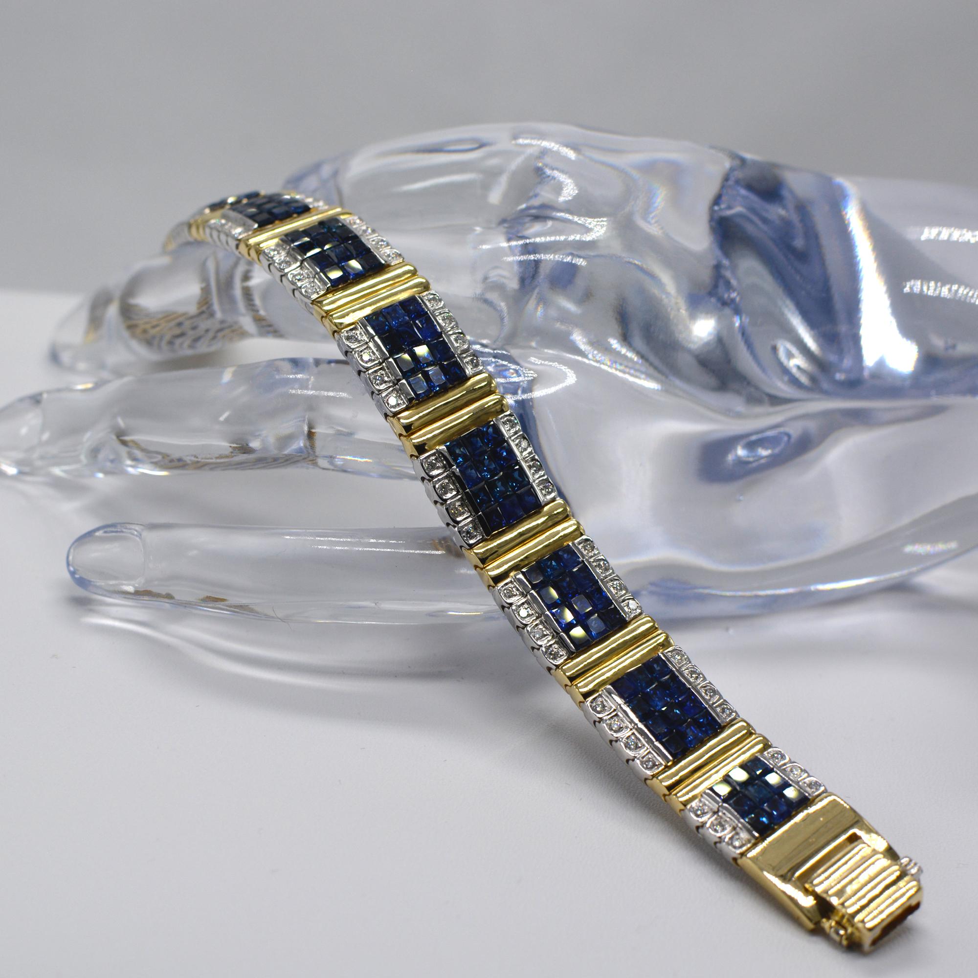Invisible Blue Sapphire Bracelet 14 Karat Two-Tone Gold with Diamonds For Sale 3