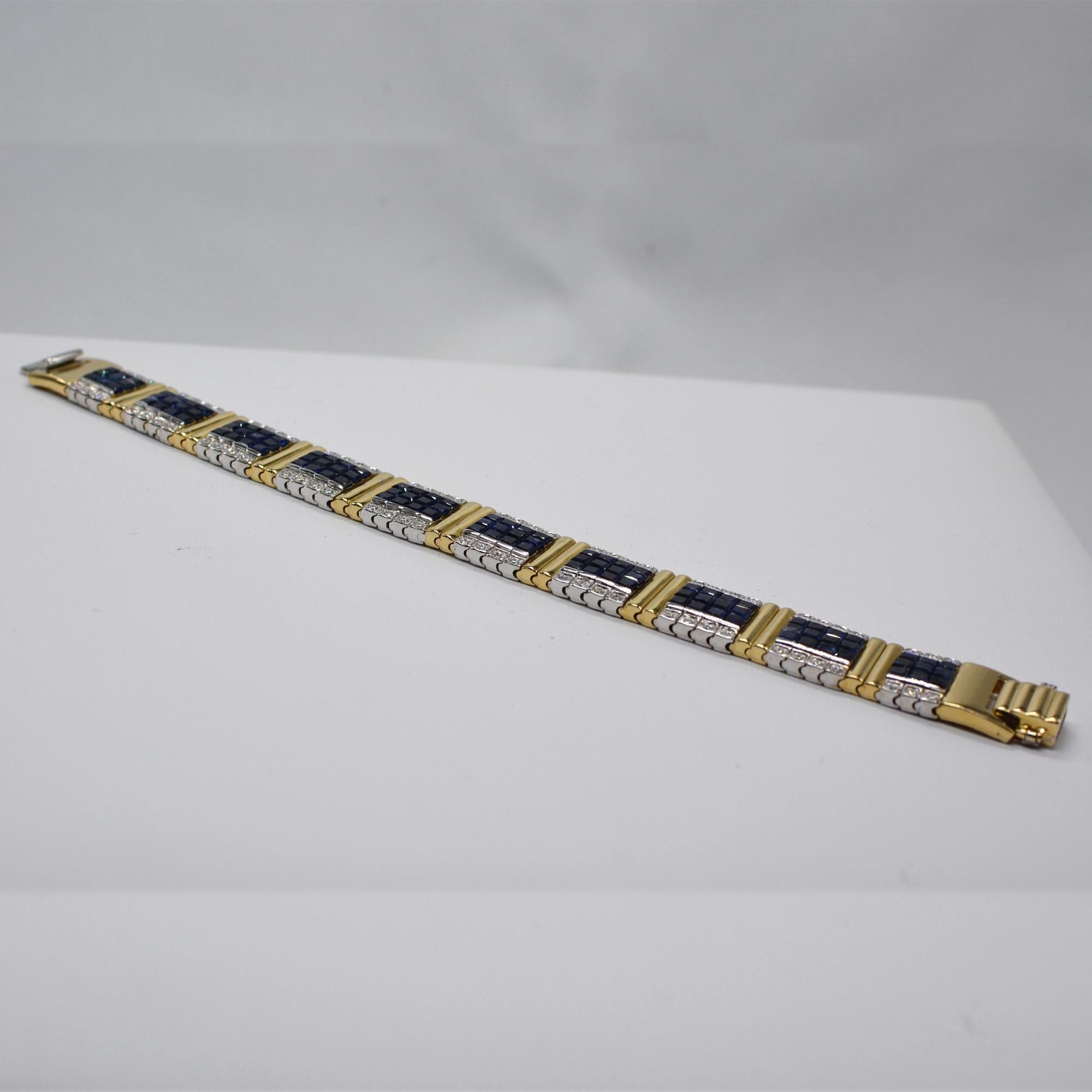 Invisible Blue Sapphire Bracelet 14 Karat Two-Tone Gold with Diamonds For Sale 4