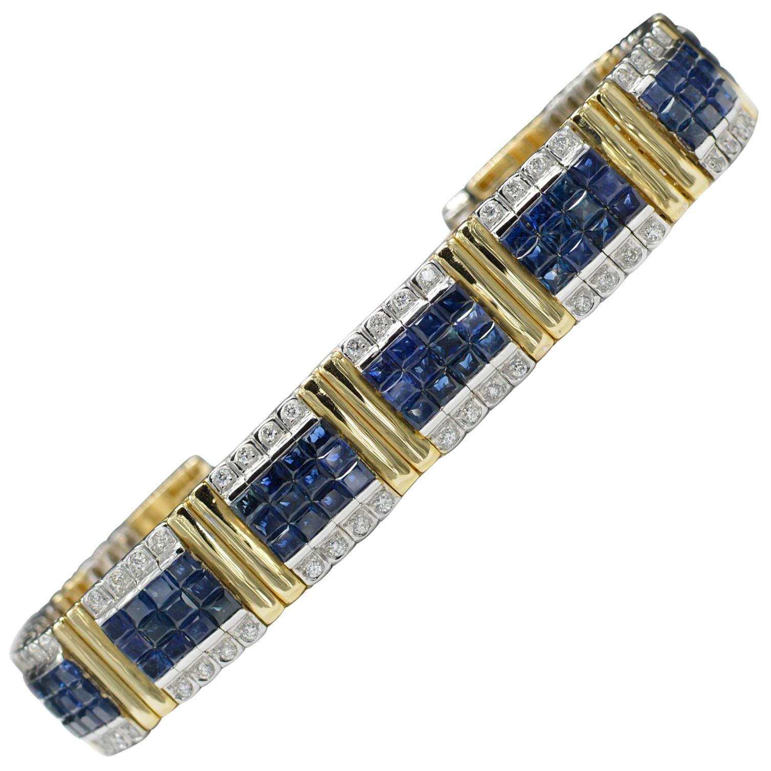 Invisible Blue Sapphire Bracelet 14 Karat Two-Tone Gold with Diamonds For Sale
