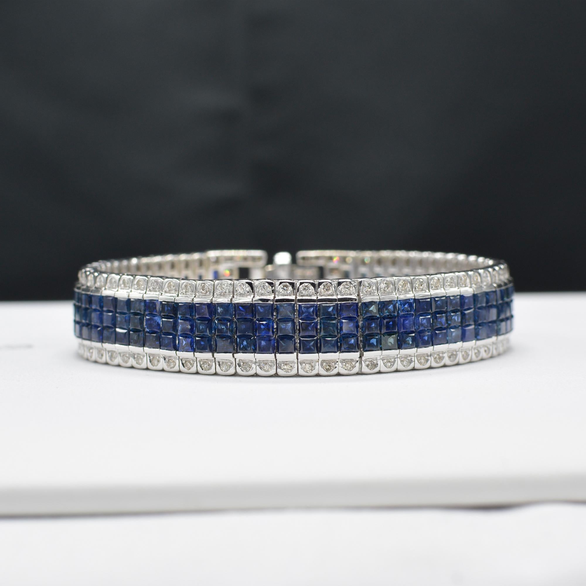 Princess Cut Invisible Blue Sapphire Bracelet 14 Karat White Gold with Diamonds For Sale
