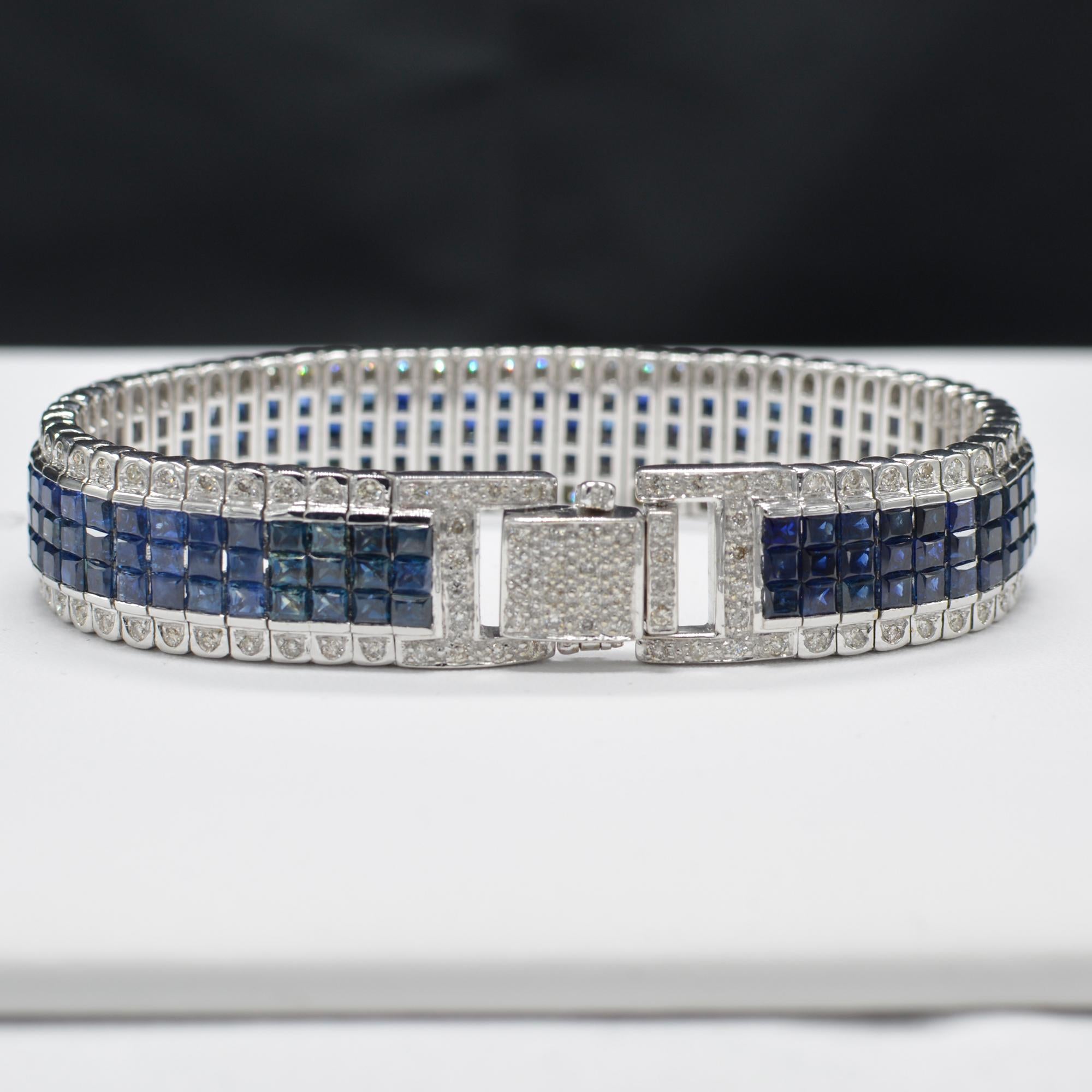 Invisible Blue Sapphire Bracelet 14 Karat White Gold with Diamonds In New Condition For Sale In Brooklyn, NY