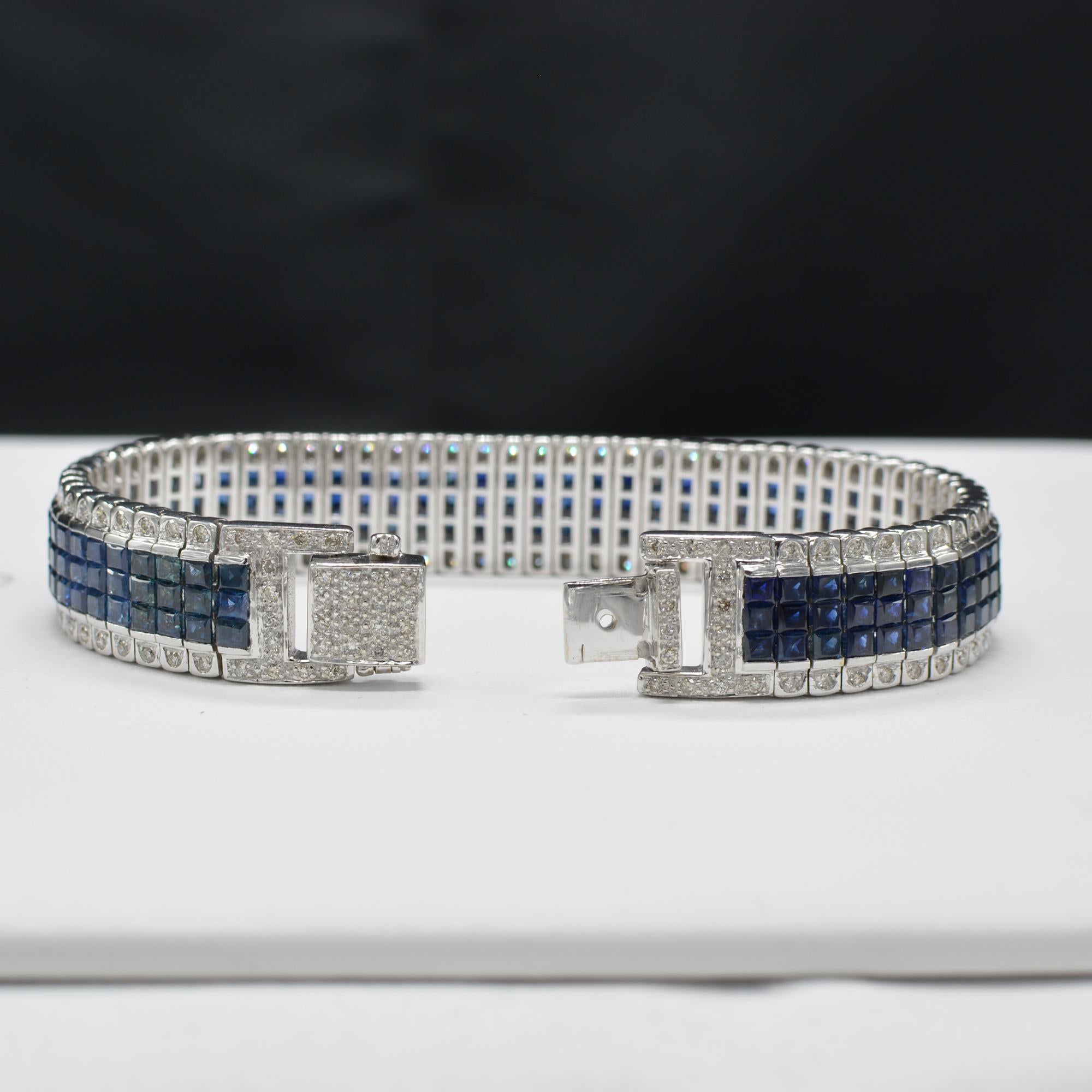 Women's Invisible Blue Sapphire Bracelet 14 Karat White Gold with Diamonds For Sale