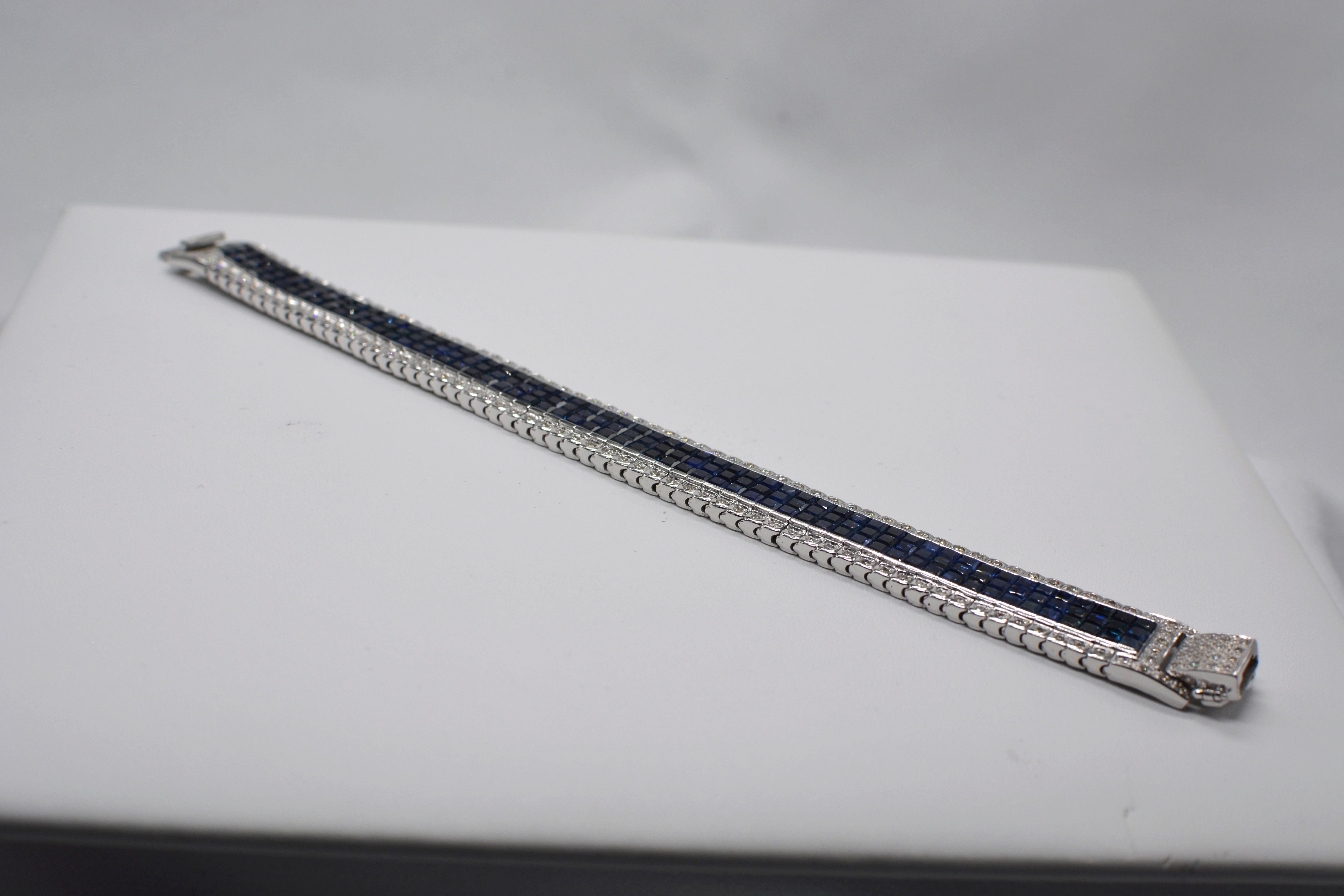 Invisible Blue Sapphire Bracelet 14 Karat White Gold with Diamonds For Sale 1