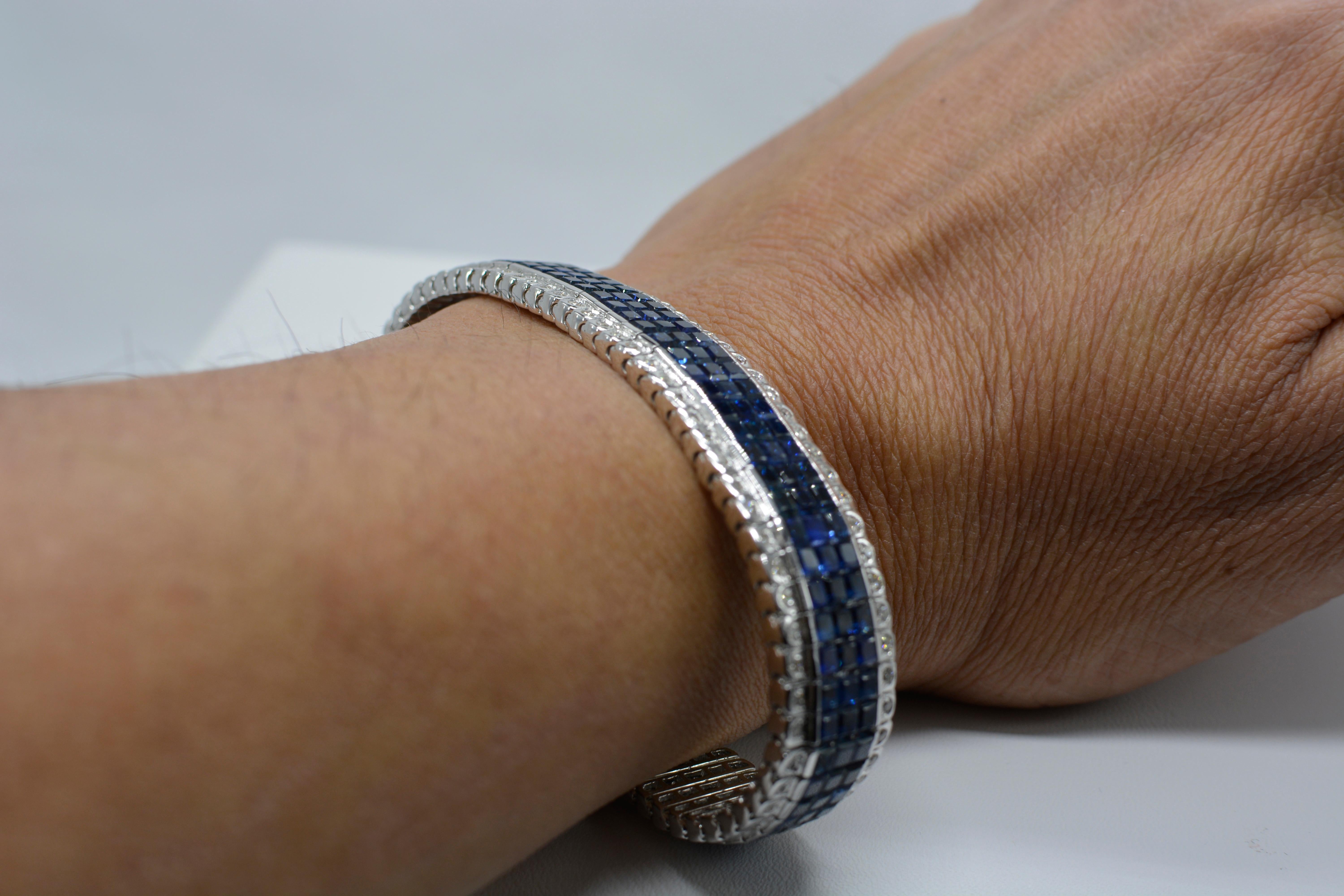 Invisible Blue Sapphire Bracelet 14 Karat White Gold with Diamonds In New Condition For Sale In Brooklyn, NY