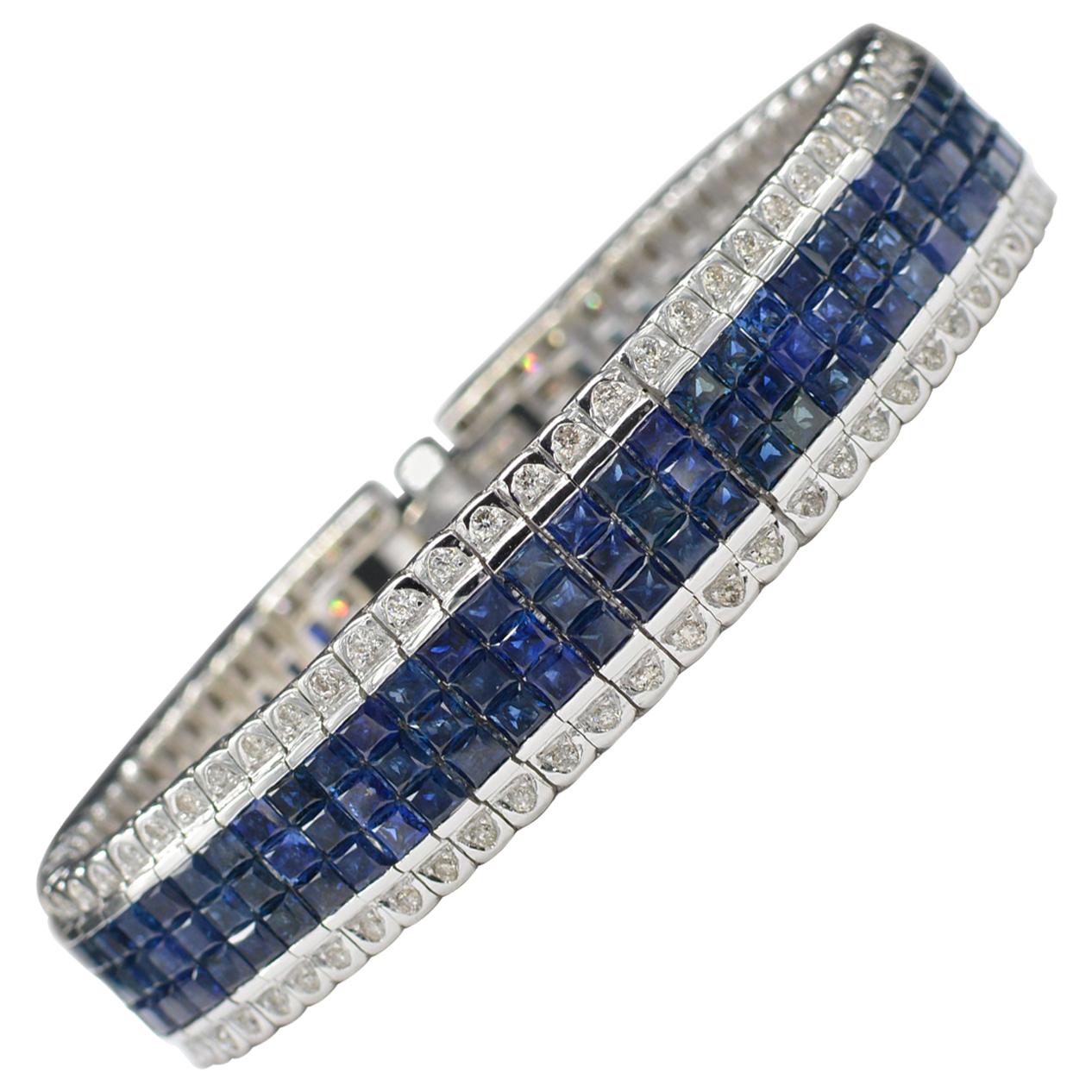 Invisible Blue Sapphire Bracelet 14 Karat White Gold with Diamonds For Sale