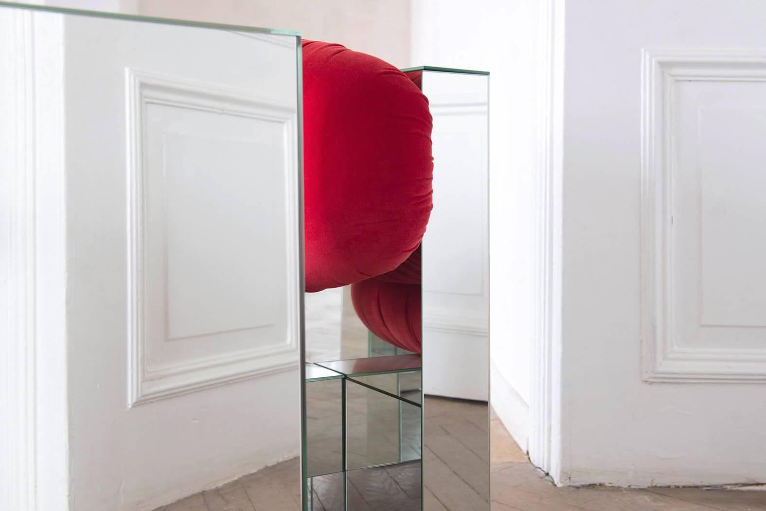 Materials: Mirror velvet
Dimensions: L 80, W 87cm, H 65cm

Invisible armchair
Invisible armchair is a mirrored piece that look constant and strong like a sculpture while it carries lightness, mystical and unpredictable appearance; it behaves