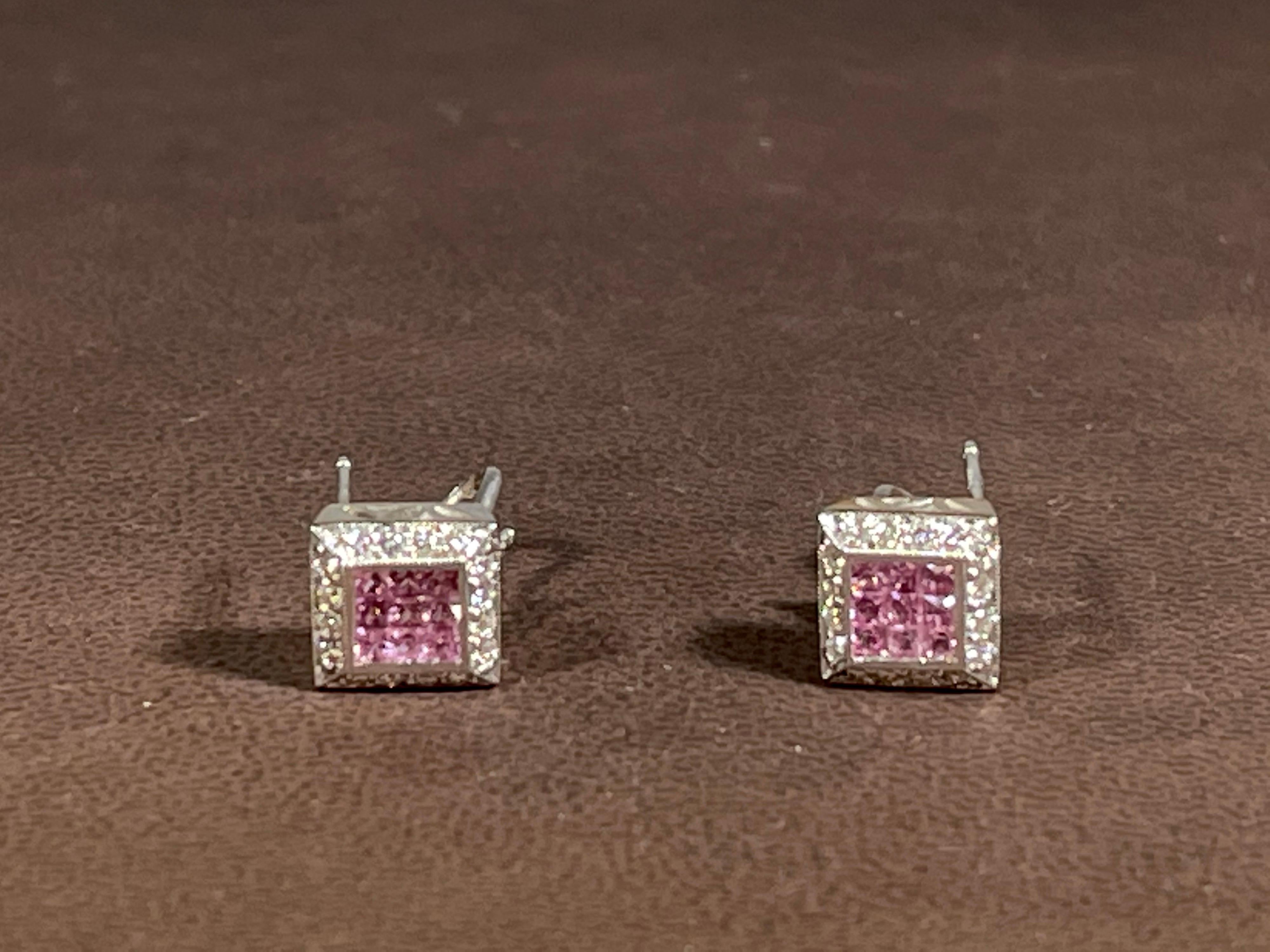 Invisible Mystery Set Pink Sapphire & Diamond Stud Earring 14 Karat White Gold For Sale 7