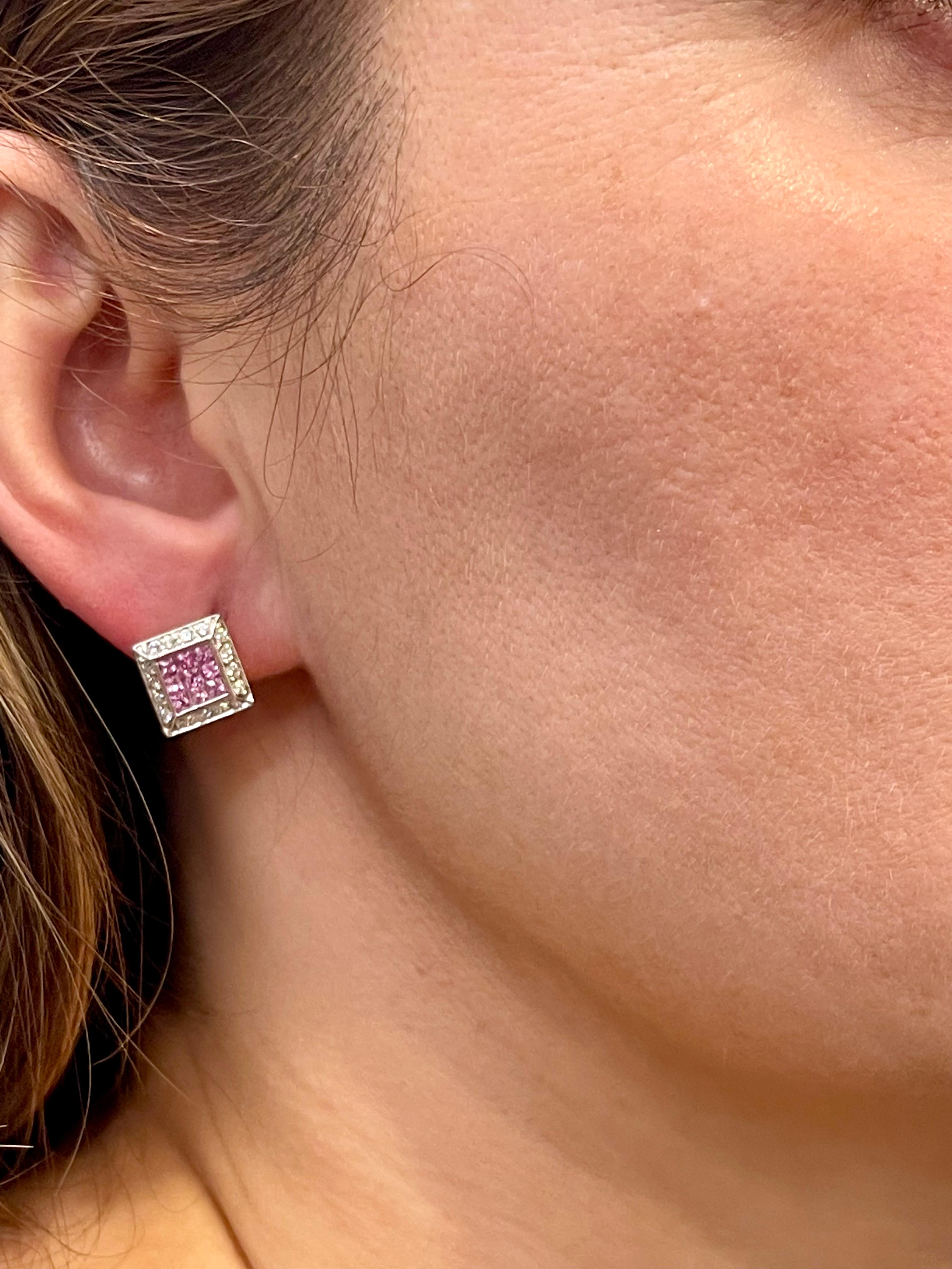 Invisible Mystery Set Pink Sapphire & Diamond Stud Earring 14 Karat White Gold For Sale 12